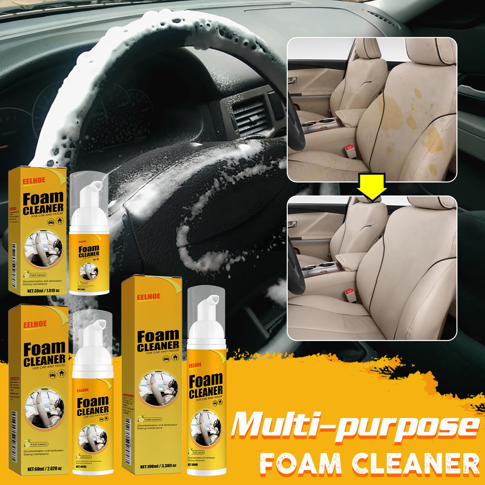 EELHOE Foam Cleaner, 2 PCS Multipurpose Foam Cleaner Spray, Car Deep Cleaning Foam - Mastering Shine with All-Purpose, Heavy-Duty, And No-Rinse Excellence - 100ml