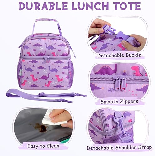 Miniatura 3 de VASCHY Lonchera para niños, con doble compartimento, con aislamiento, bolsa de almuerzo para niños y niñas, escuela, guardería, picnic, lila, Dinos