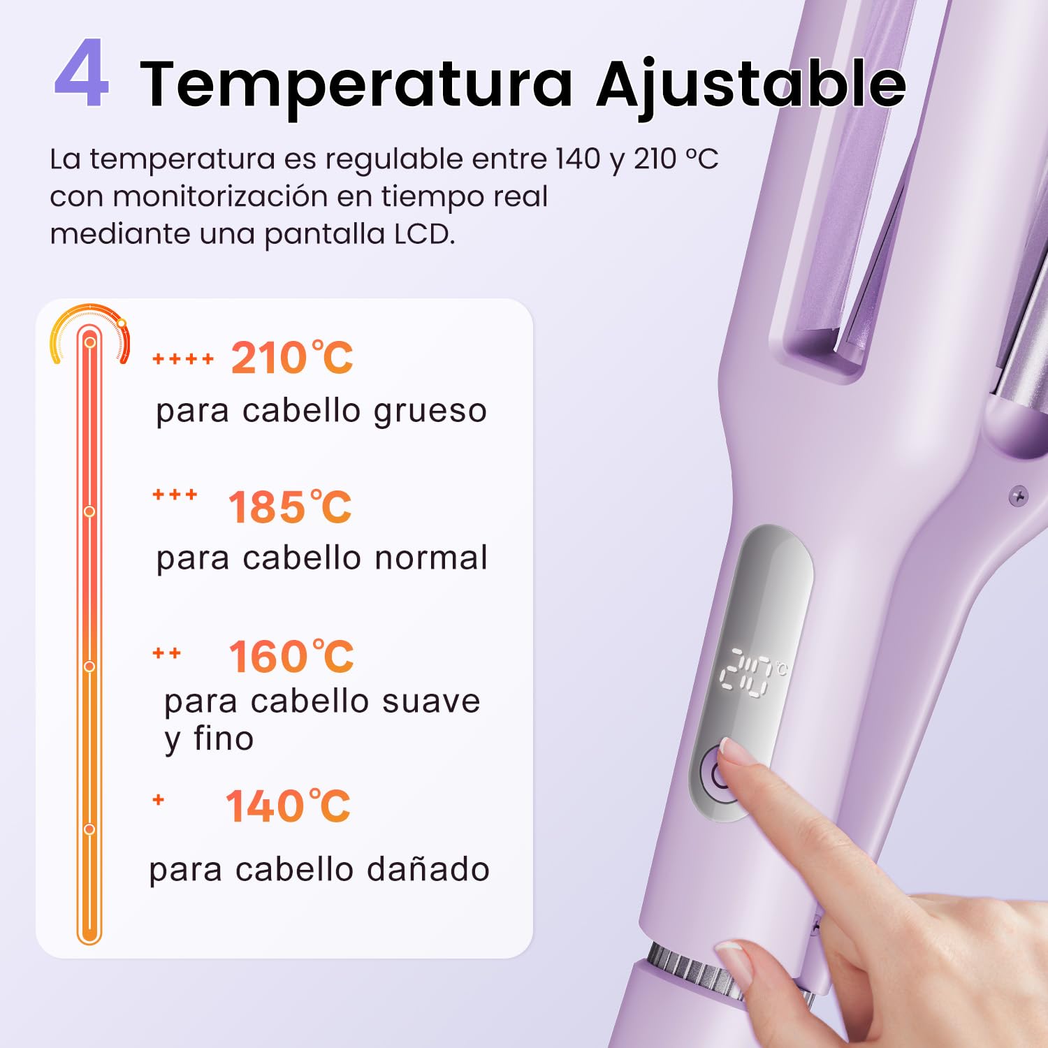 22/25/32/38mm Ajustable Rizador Pelo Ondas - 4-In-1 Plancha Ondas 3 Barriles Rizador de Pelo Iónico, Anti-escaldamiento, Pantalla Digital, Calentamiento Rápido, 4 Temperatura(140°C-210°C), Morado