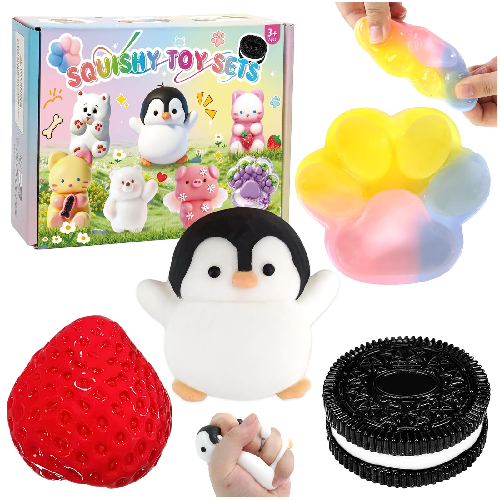 4Pcs Taba Squishy Set, Strawberry Penguin Cat Paw Squishes Kit Fufu Squishy Squeeze Toy for Children & Adults Stress Relief Squeeze Ball Fidget Squishy Toys for Anxiety Relief Office Home — image 1
