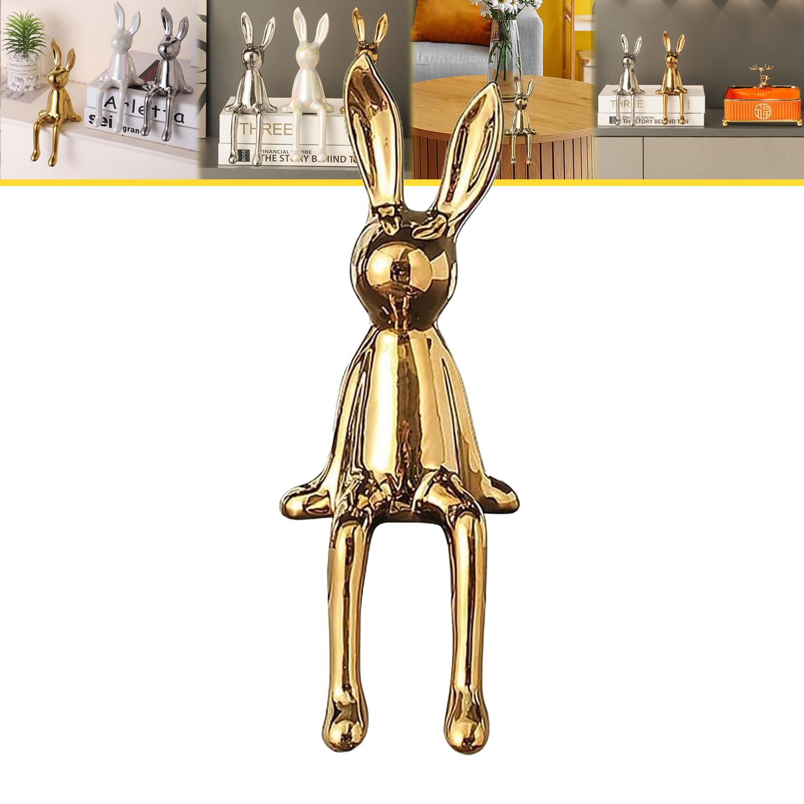 Wxqzhf Gold Brass Sitting Bunny, Sitting Bunny For Shelf, Ceramic Electroplate Rabbit Figurine, Collectible Bunny Statue For Living Room, Office Desktop, Bookshelf Decor.(Gold)