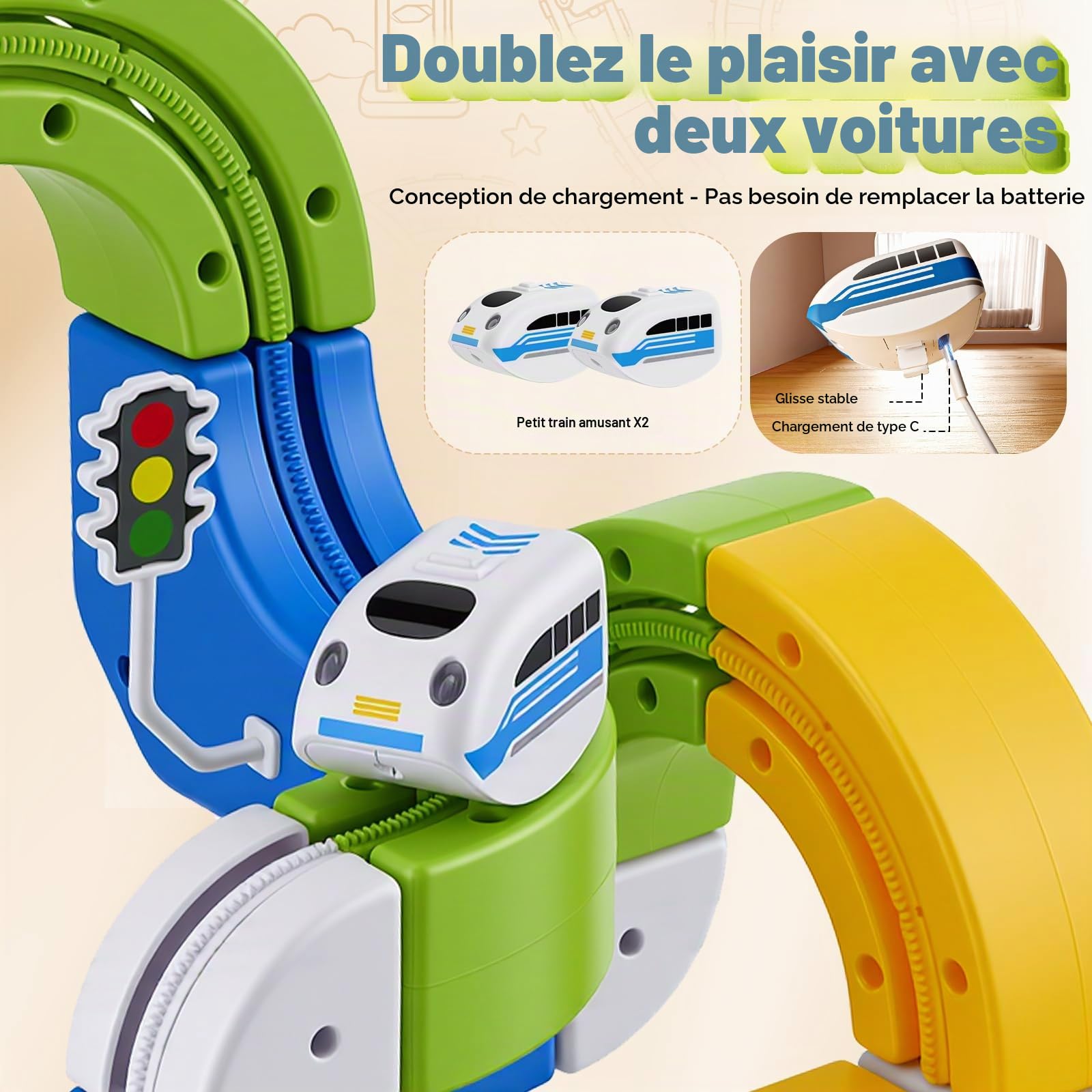 225 Pièces Train Électrique Klick-rail Avec 2 Petits Trains Circuit Flexible, DIY Cube Track Block Train avec Parcours 3D Defiant la Gravité, Chemin de Fer & Magic Rail Block,Cadeau Jouet pour Enfants