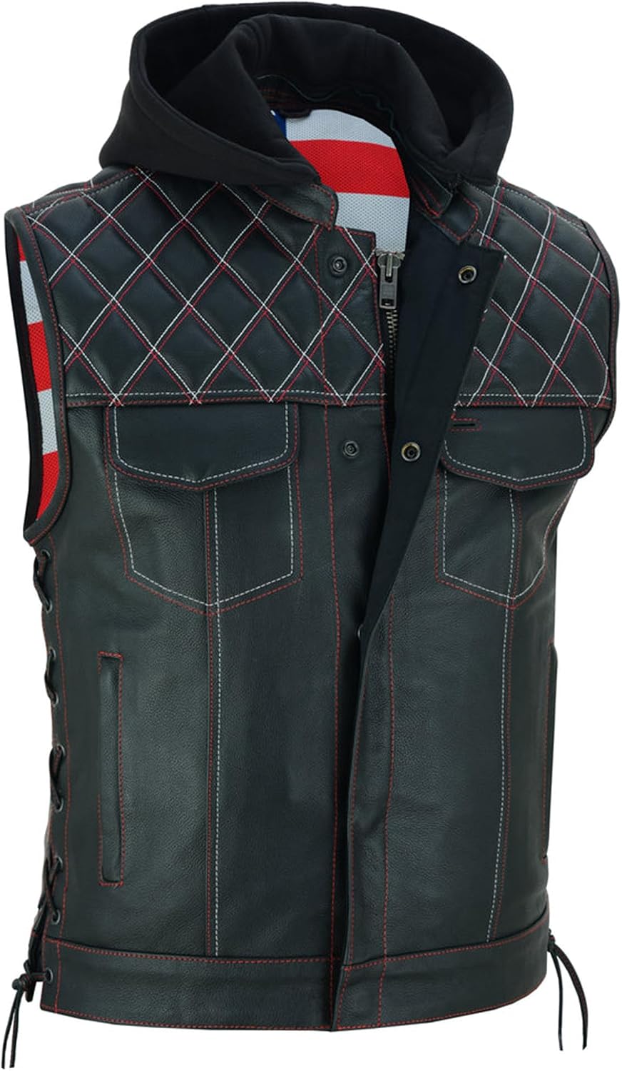 Daniel Smart Leather Vest Men - Premium Cowhide Protective Motorcycle Vests for Men with Side Laces & Removable Hood