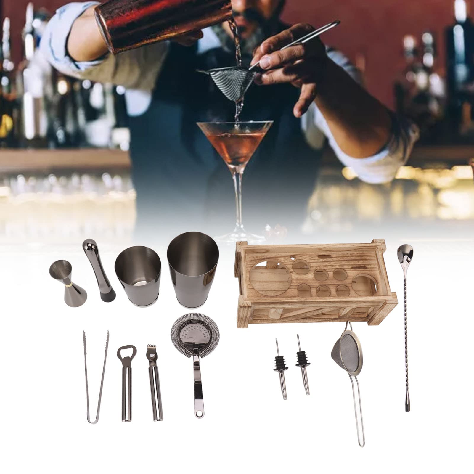 Juego de Barra de Coctelera de Acero Inoxidable con Soporte de Madera, Mezclador, Coctelera, Kit de Coctelería, Accesorios de Barman de Mixología Profesional para el Hogar, Bar Y Fiesta