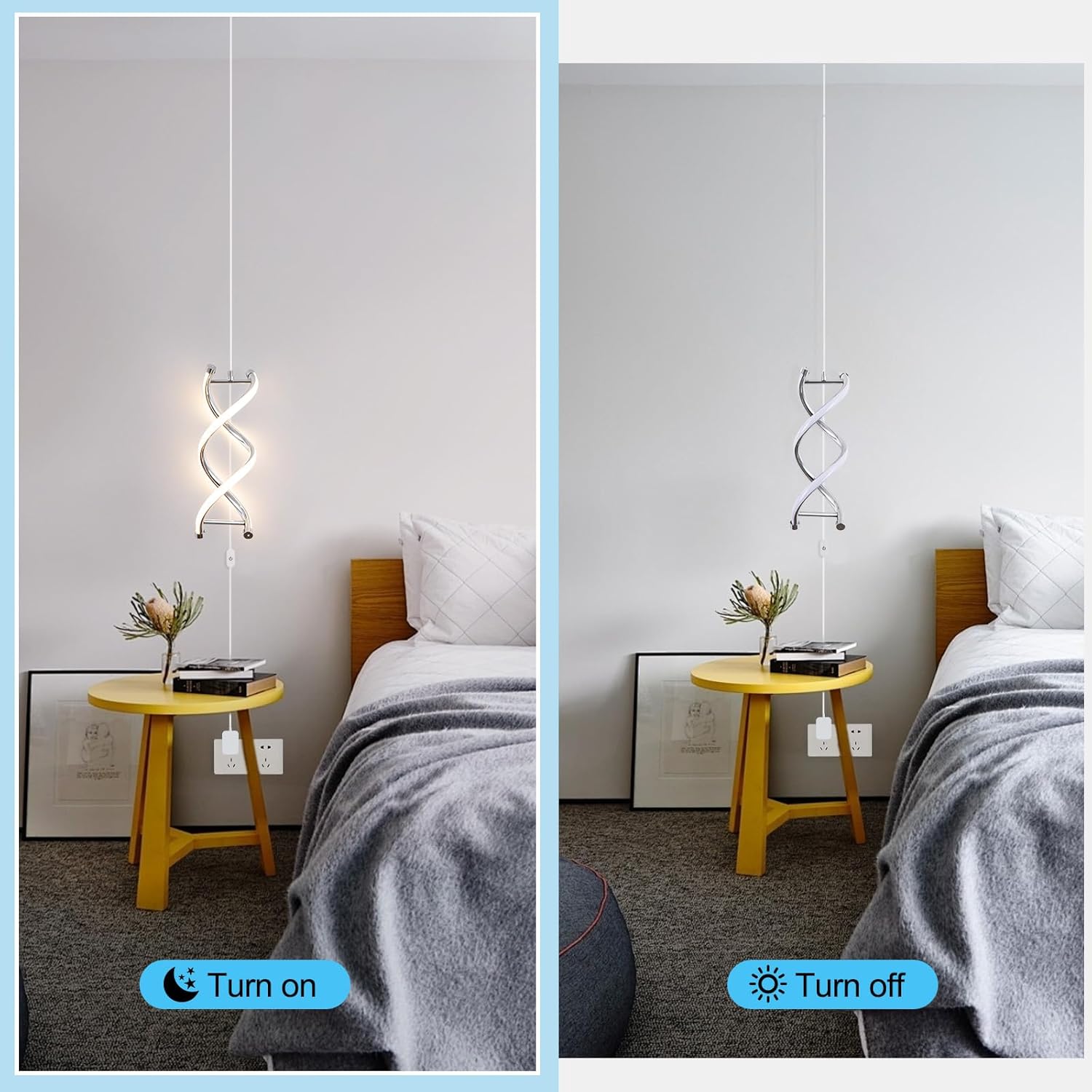 CANEOE Spiral Plug in Led Pendant Light Fixture, 9.84FT Modern Hanging Light with Plug in Cord On/Off Switch,Chrome Hanging Pendant Lamp for Living Room Bedroom Dining Room Kitchen Island, 1 Pack