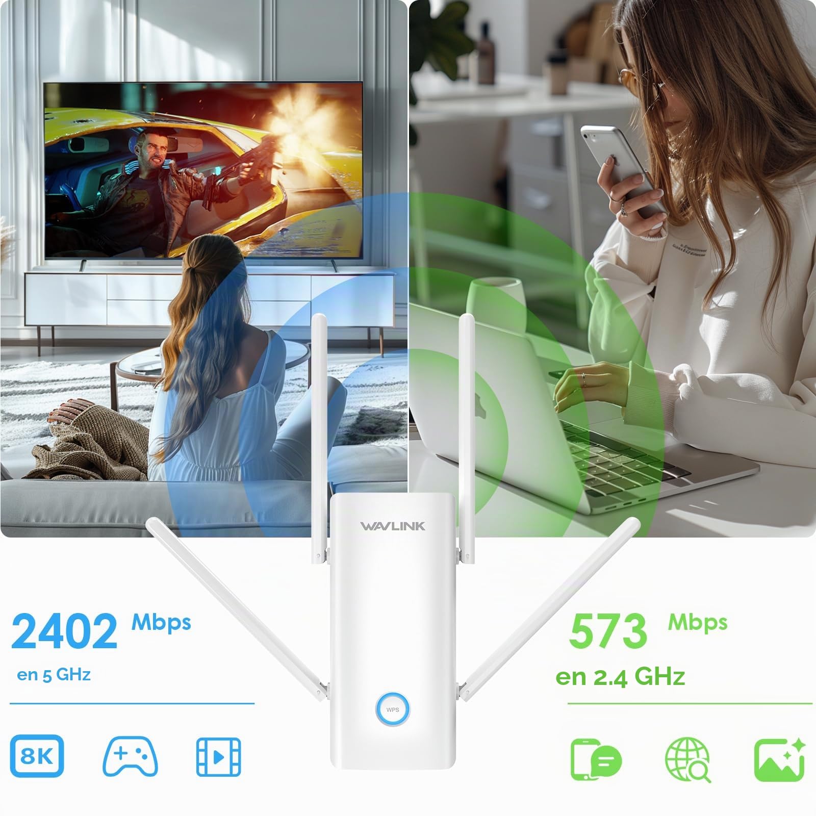 WAVLINK AX3000 - Extensor de Rango Wi-Fi 6 de Doble Banda, Amplificador de Extensor WiFi, repetidor WiFi con Puerto Gigabit, Antenas 4x5dBi, Compatible con repetidor/Ap/enrutador/Modo Malla, fácil