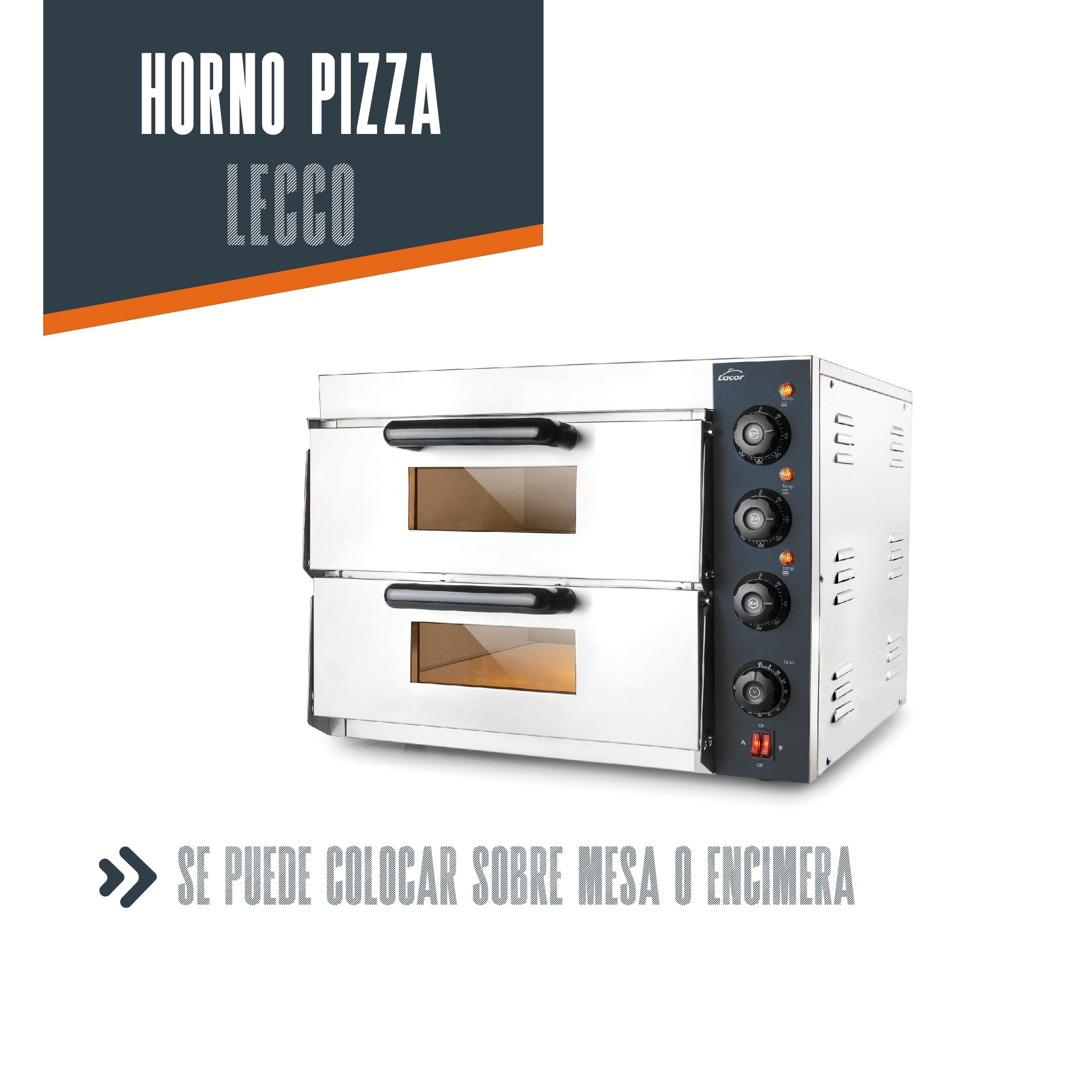Lacor - 69633 - Horno pizza Lecco, para Mesa o Encimera, de Acero inoxidable, con Aislamiento Térmico, 3000 W, 2 cavidad, Iluminación interior, Medidas: 57x56x44 cm