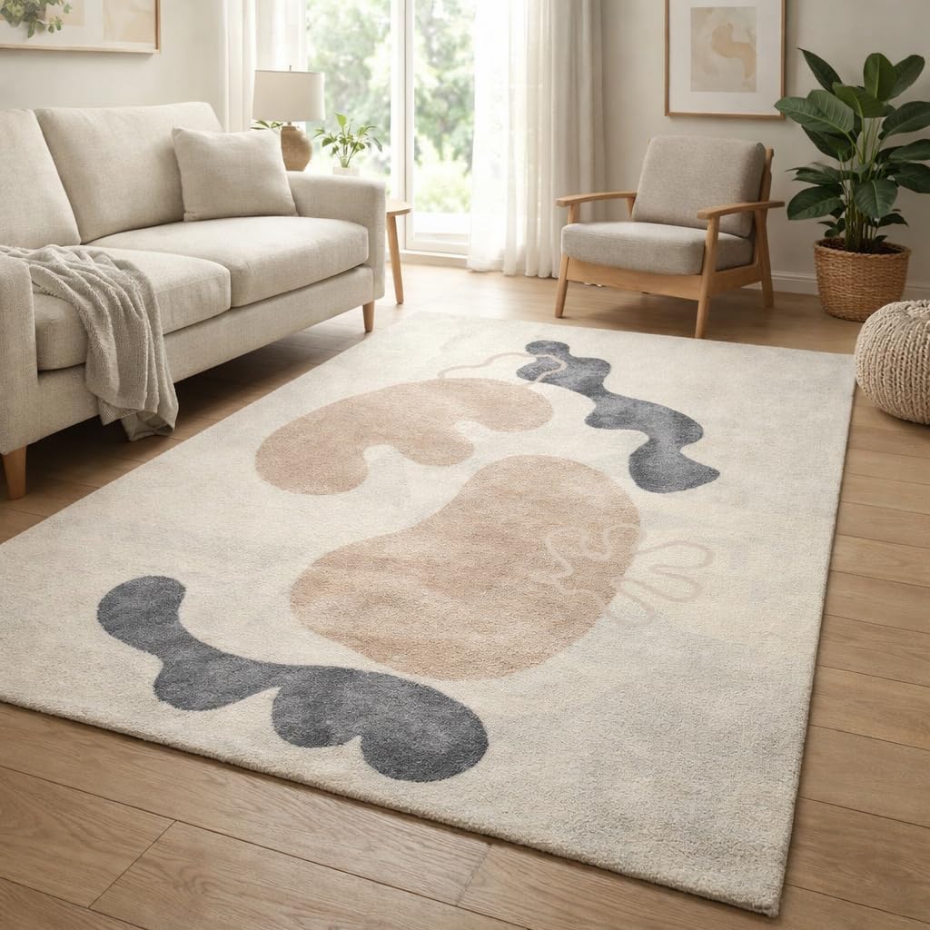 Wool Abstract Area Rug, Ivory Beige Charcoal Modern Hand Tufted Rug for Living Room, Bedroom & Home Décor 7x10, 6x9, 8x10, 9x12 Sizes