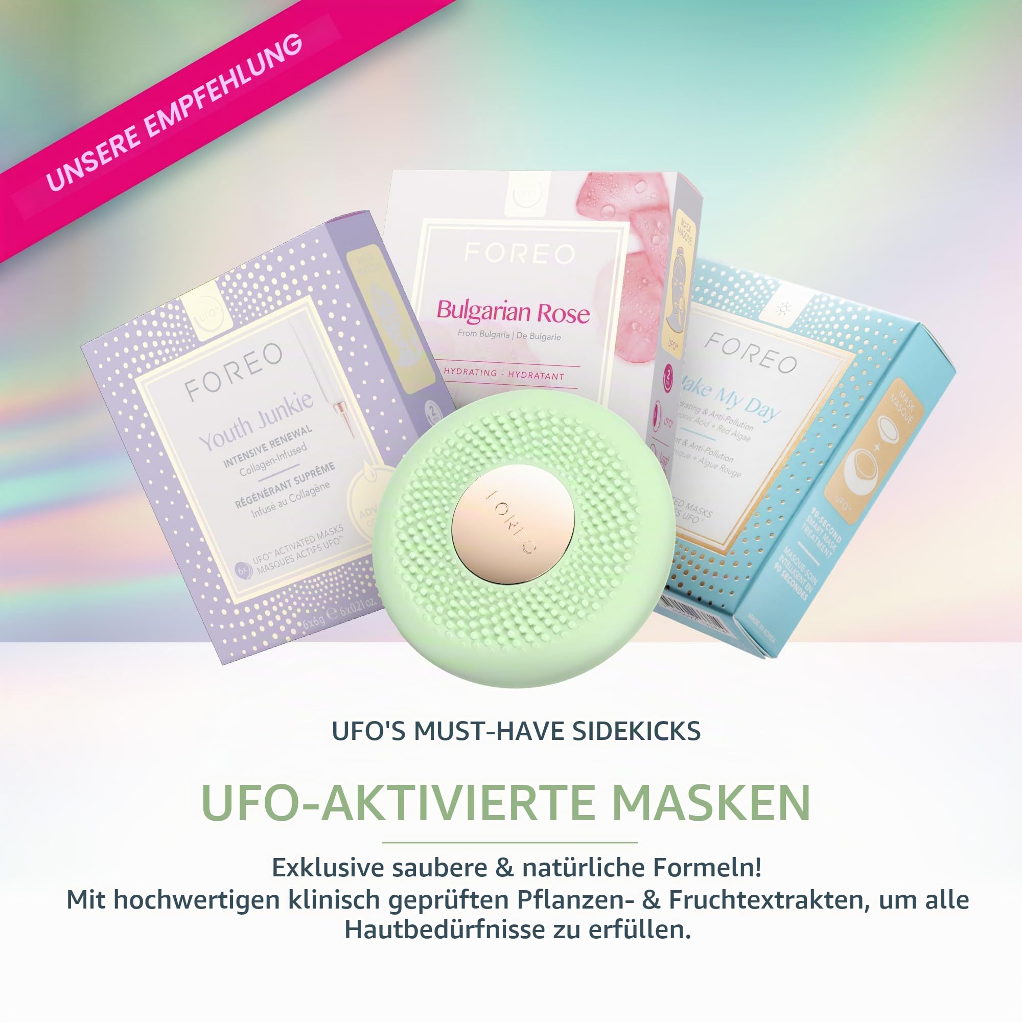 FOREO UFO 3 go Gesichtsmasken-Hautpflegegerät unterwegs – Feuchtigkeitscreme – Anti-Aging-Pflege – Vollspektrum-LED- und Rotlichttherapie – Thermotherapie – T-Sonic-Massage – kompakt – Pistachio