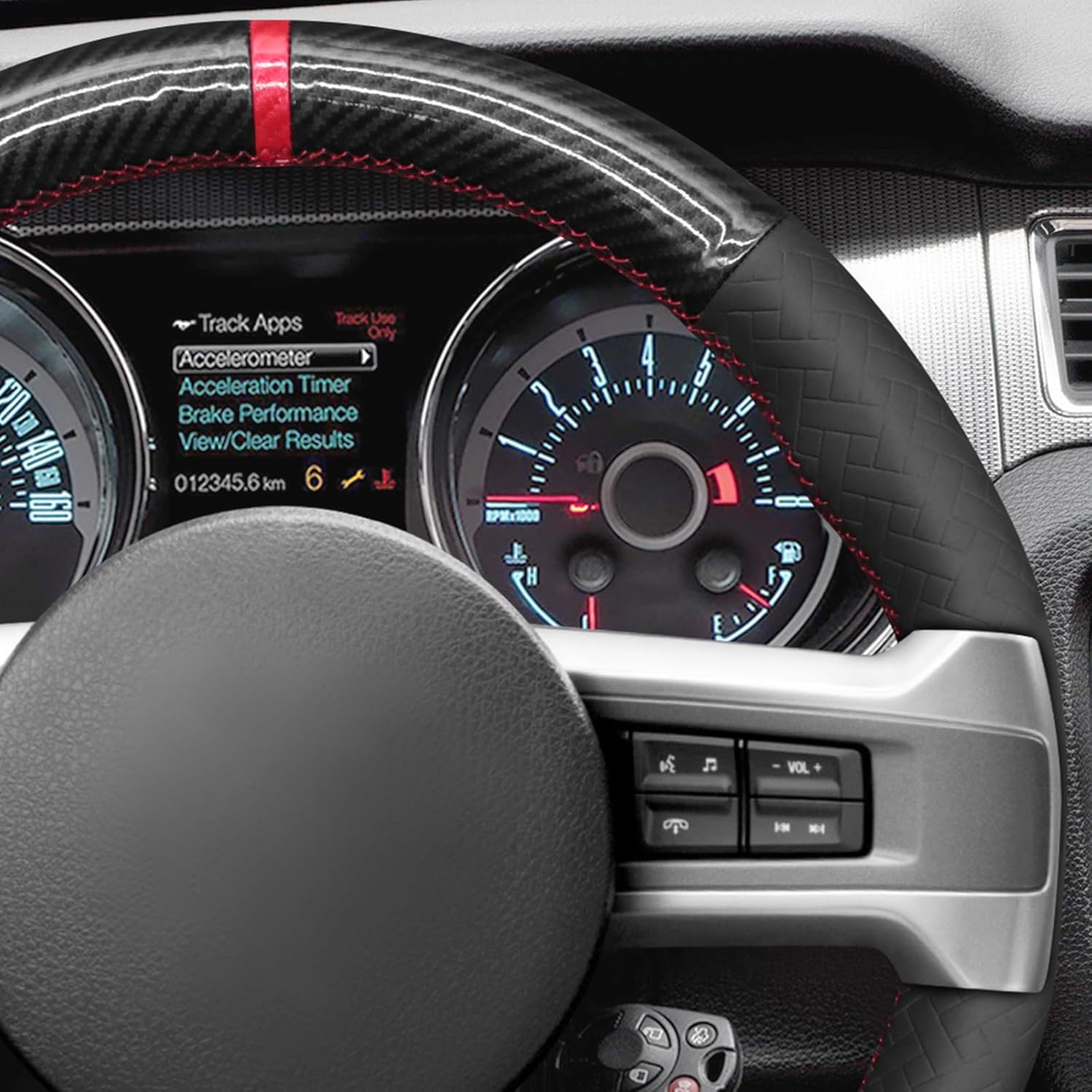 MEWANT DIY Black Shiny PU Carbon Fiber Woven Embossed Artificial Leather Steering Wheel Cover for Ford Mustang 2010-2014