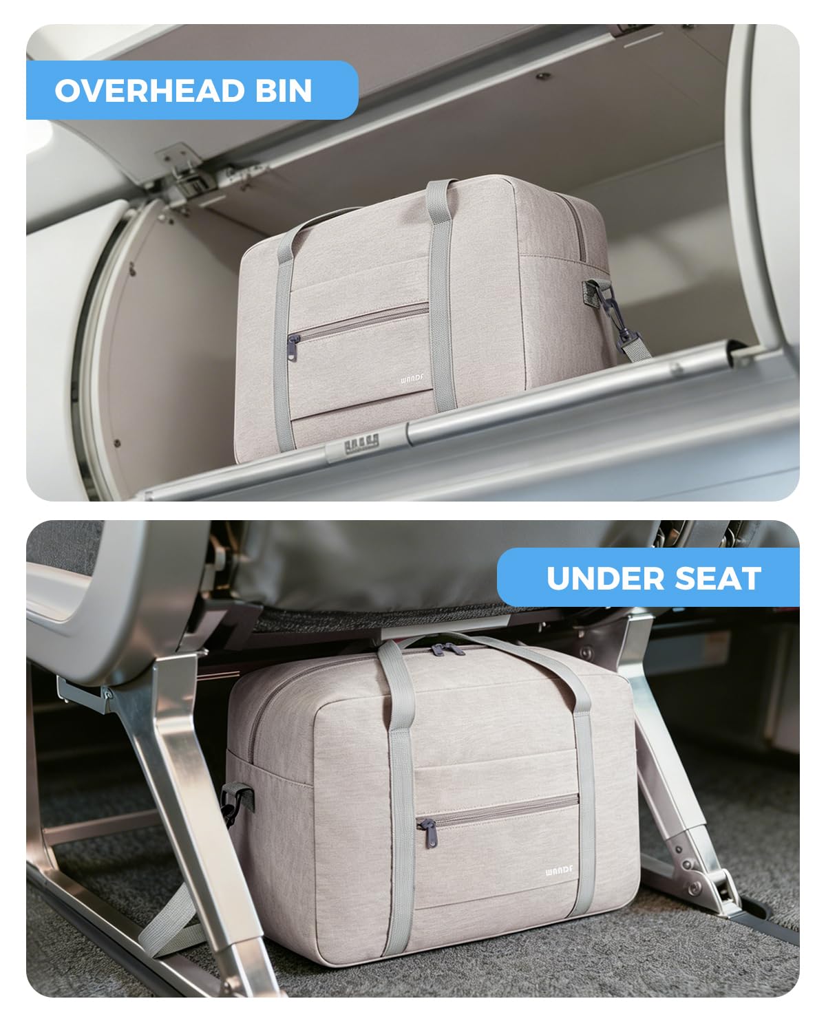 WANDF Bagaż Podręczny do Samolotu Składany Ryanair 40x20x25cm Torba Sportowa, Szpitalna, Weekendowa (Denim Beżowy 20l z Paskiem na Ramię)