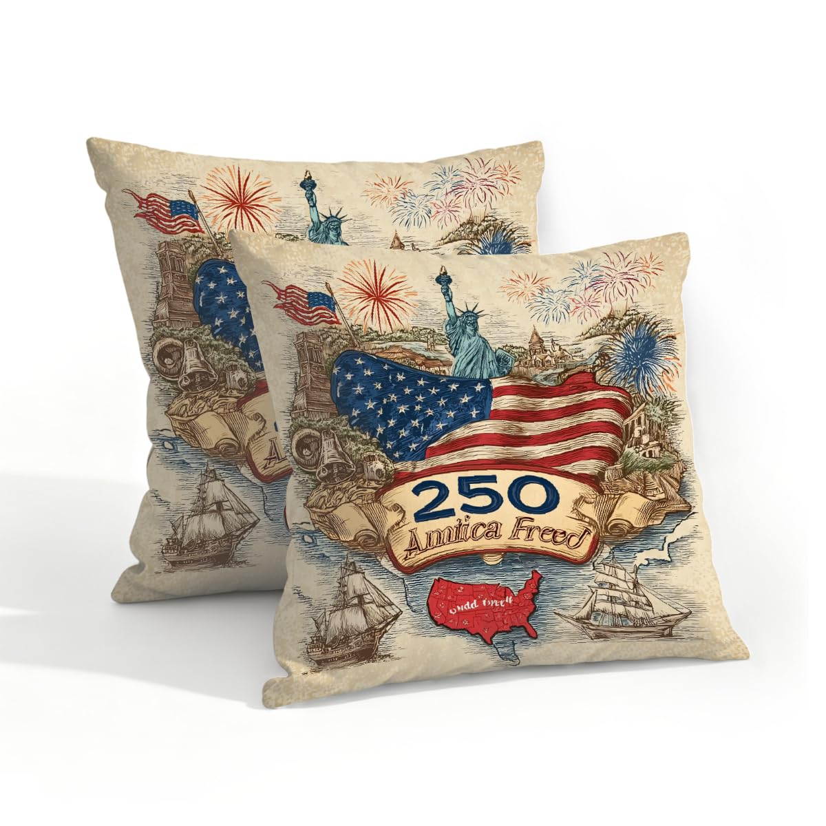 Outdoor Pillow Covers Waterproof Pillowcases 18x18in Set of 2 Vintage American 250th Anniversary Decorative Throw Cushion Case for Couch Sofa Garden Patio Furniture