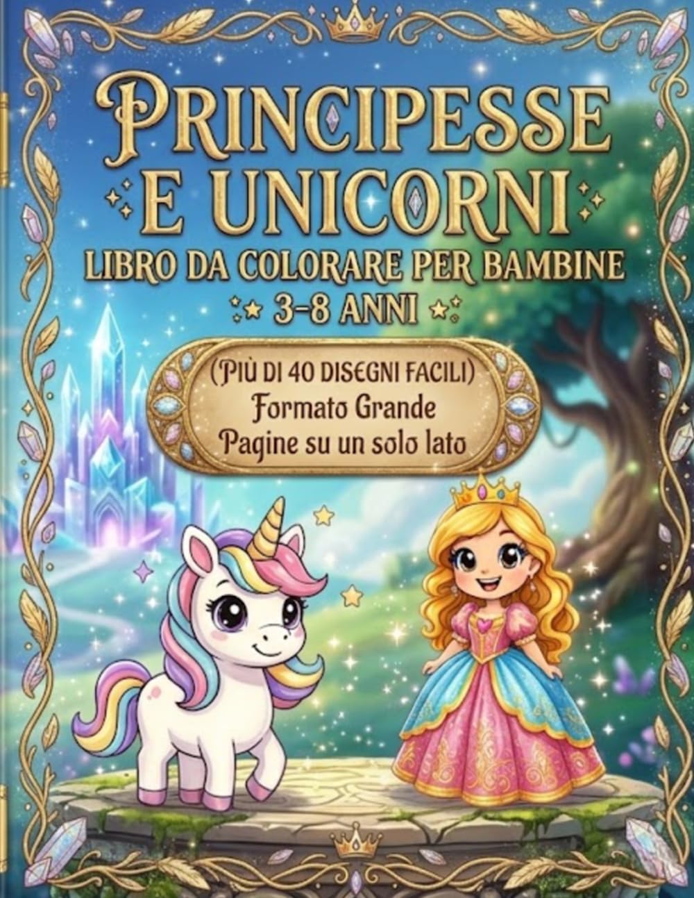 Unicorni e Principesse da colorare per bambine – Magiche avventure nel regno incantato: Disegni semplici e divertenti | Immagini su un solo lato | Formato grande | 3-8 anni