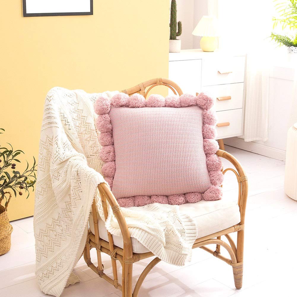 MiDuoHU Bohemia knitting Cushions, Solid Color Pillow Decorative Cushion with Pompoms, Seat Cushions Throw for Sofa Bedroom Office Car Decor(Pink)