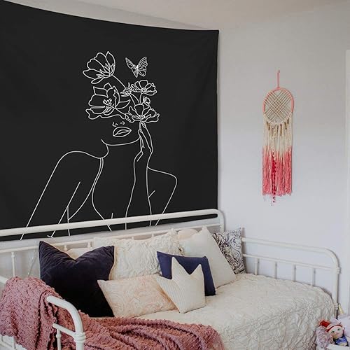 Miniatura 4 de Miytal Tapiz de línea de arte abstracto, flor de mujer simple con mariposa para colgar en la pared, tapices modernos y minimalistas estéticos