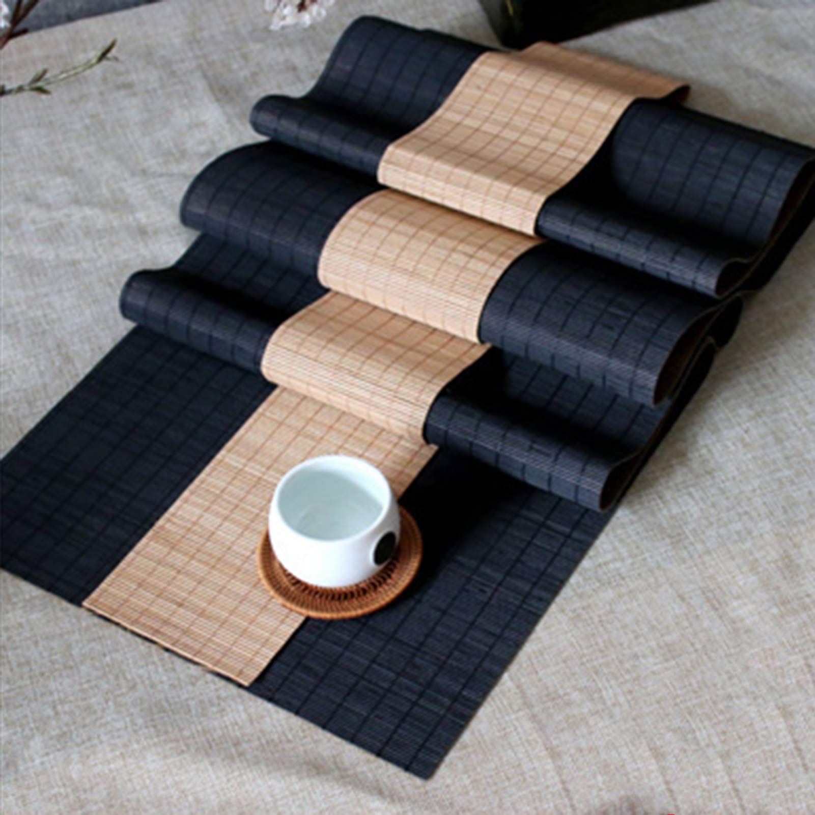 Bambus Tischläufer 2er Set, Japanische wasserdichte Teematte, Tischset Mit Küchenisolierung, rutschfeste Tischmatte Für Zu Hause (schwarz + Natürliche Farbe)(Size:30×240cm+10×240cm)
