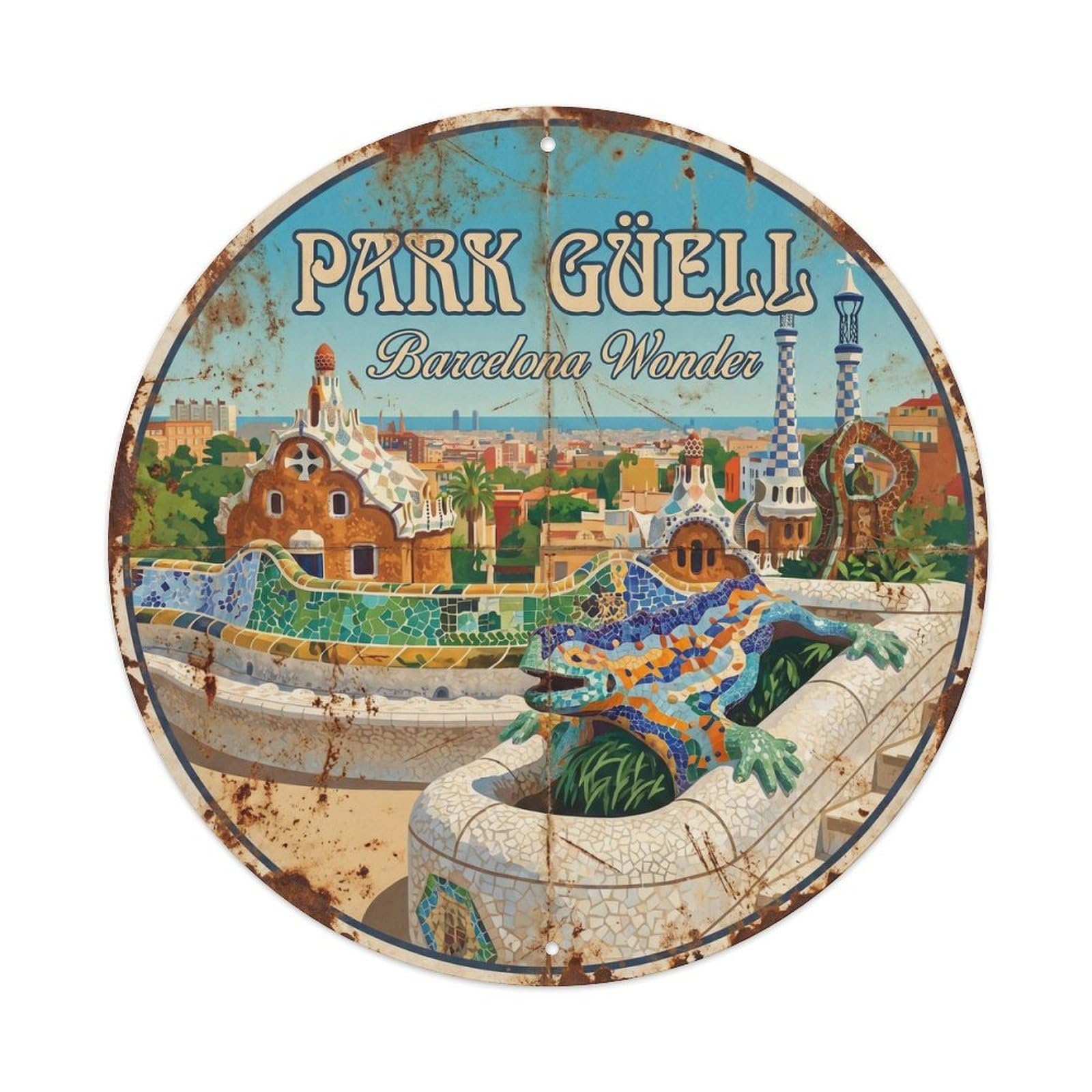 Vintage Travel Gaudi Barcelona Architecture Metal Tin Sign Plaque Wall Decor for Cafe, Club, Garden Round Metal Poster 8x8Inch