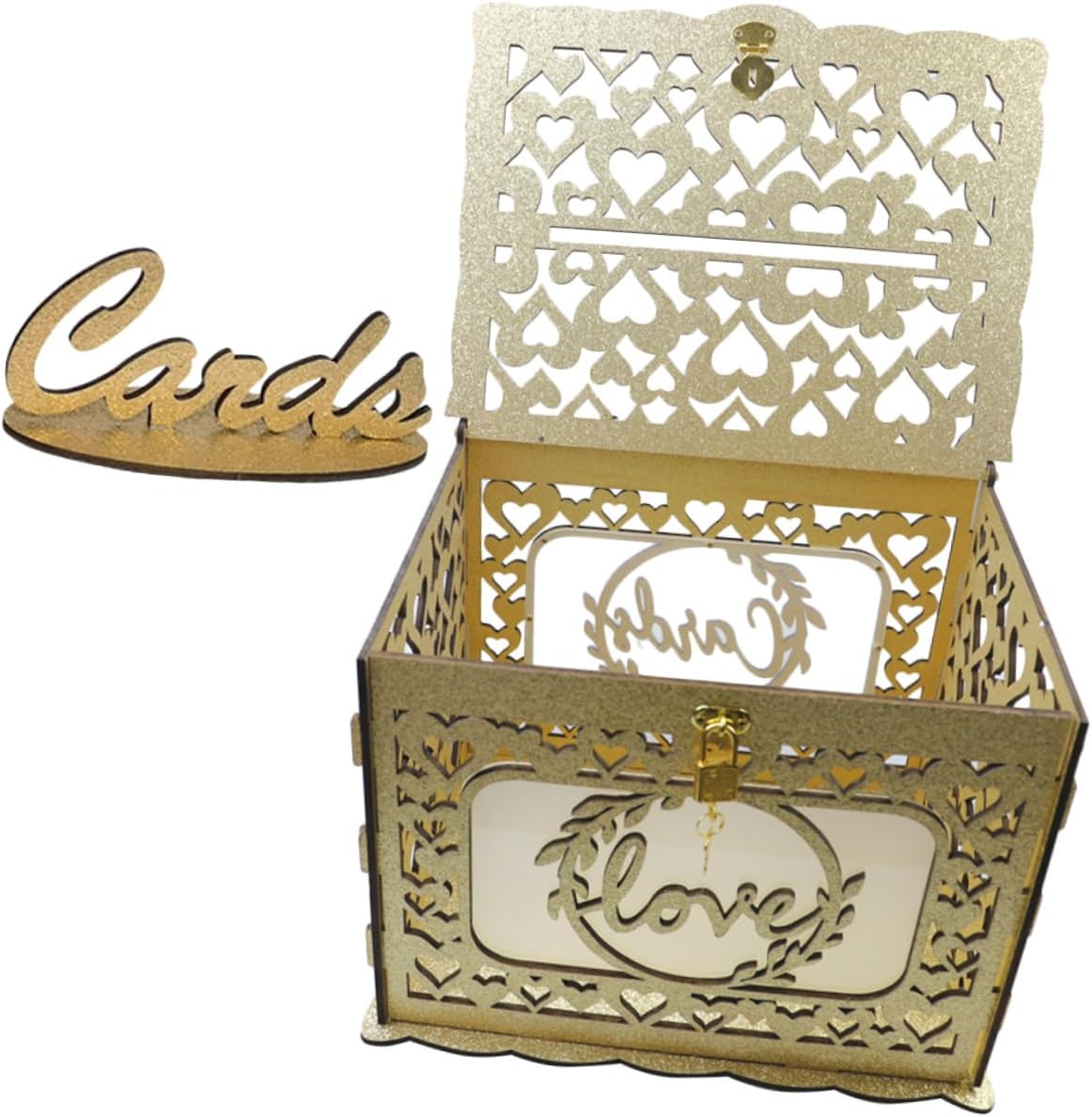 Wooden Hollow Glitter Card Box with Envelope Slot Anniversary and Wedding Blessing Card Container for Birthday Party Reception Decor