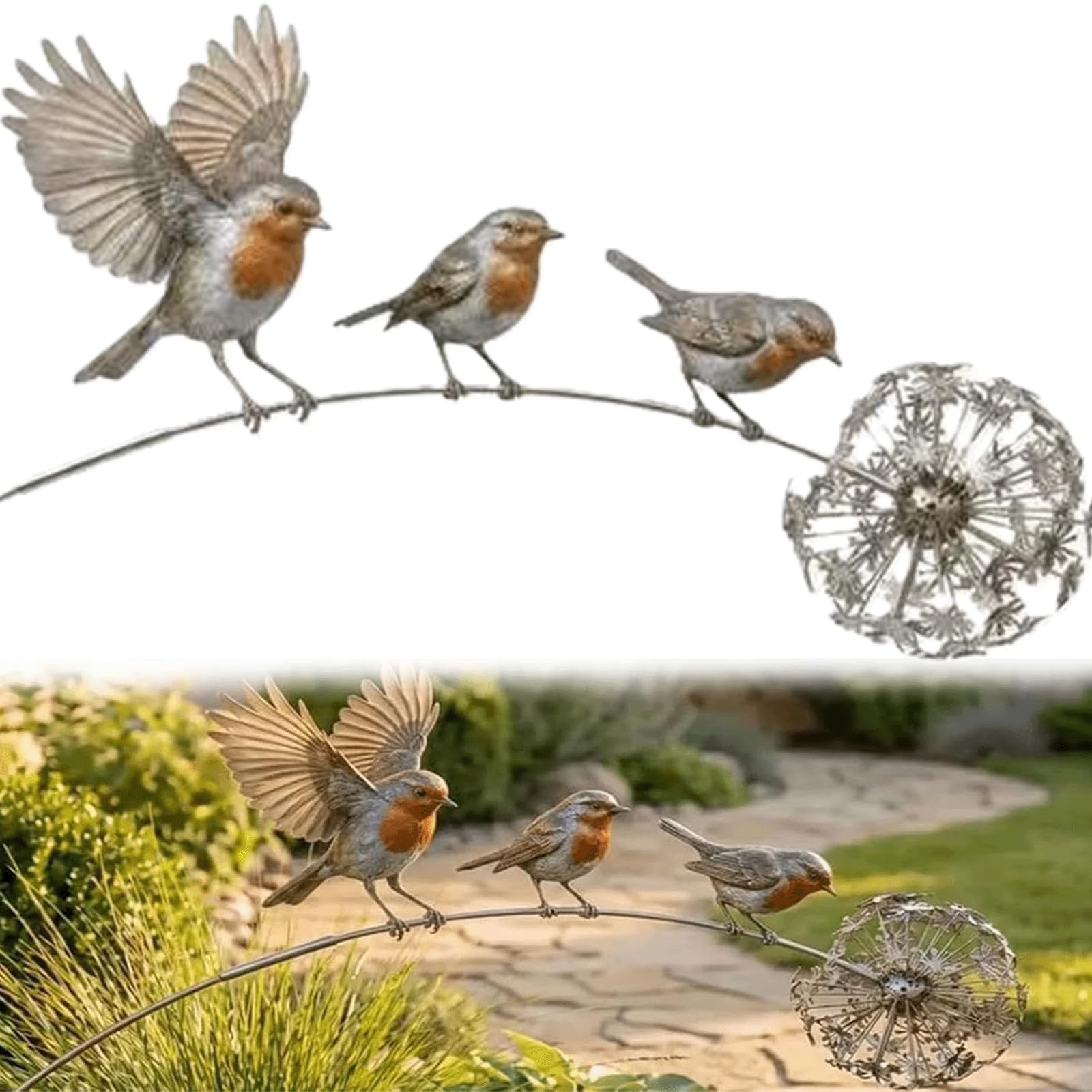 WMGDLP Rustic Iron Bird Yard Art Decoration,Swaying Metal Robin Garden Stake with 3 Birds & Dandelion Accent, Weather Resistant Kinetic Outdoor Sculpture, Memorial Garden Ornament Gift (1PCS)