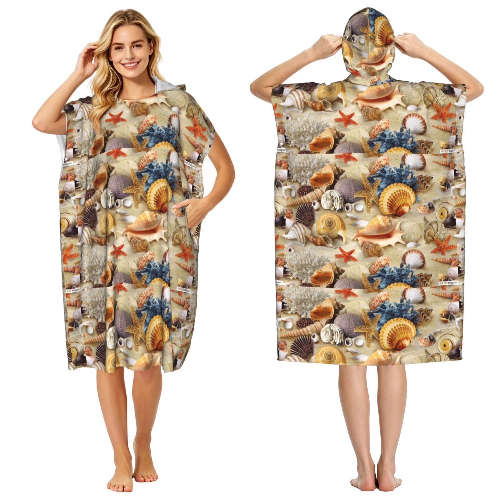 Poadnly Colorful Group Of Seashells, Adult Hooded Beach Towel 90 x 110 cm,Changing Bath Robe, Surf Poncho Towel For Women Men