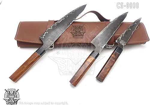 Miniatura 2 de SHINY CRAFTS Juego de cuchillos de cocina hechos a mano de Damasco con mango de madera y hoja de acero de Damasco, cuchillos de chef con rollo de