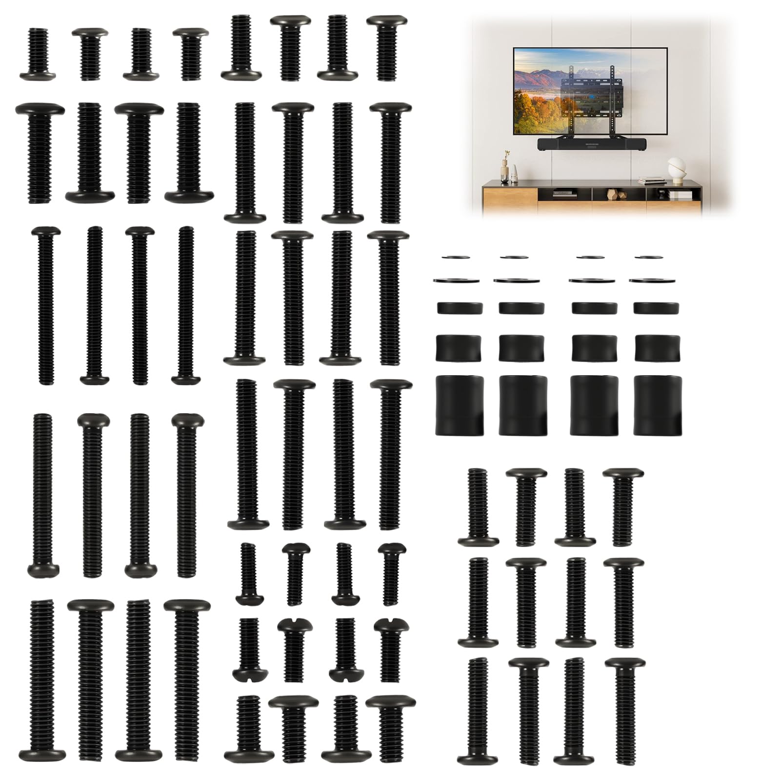Universal TV Mounting Screw Kit for VESA Standard Wall Mount Brackets, M4 M5 M6 M8 Bolts with Washers and Spacers, Fits Most up to 80 Inch Screens, Black