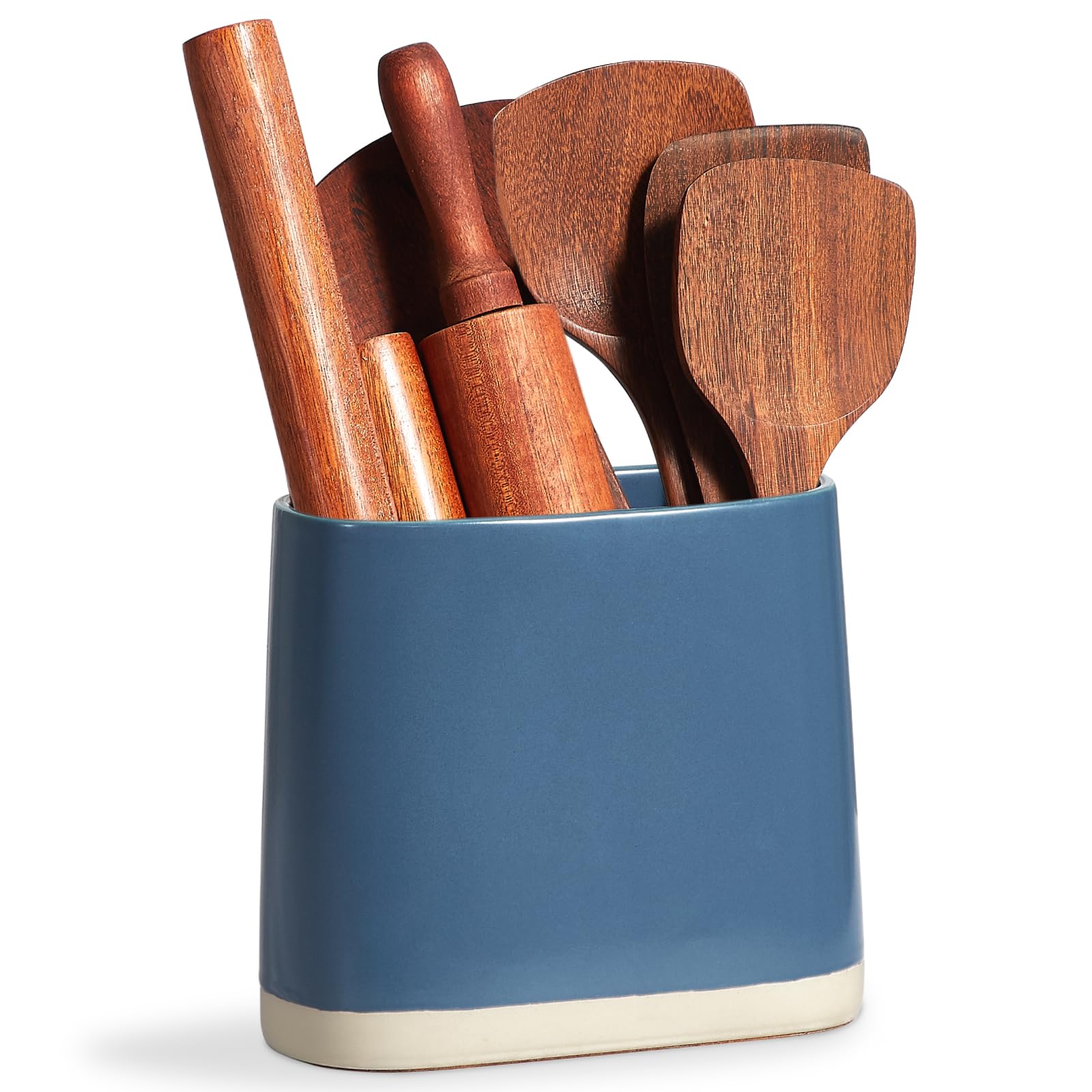 ONEMORE Ceramic Utensil Crock, Large Kitchen Utensil Holder for Countertop, Farmhouse Cooking Utensil Organizer with Cork Mat for Kitchen Counter, Oval Utensil Storage Caddy for Spatula, Blue