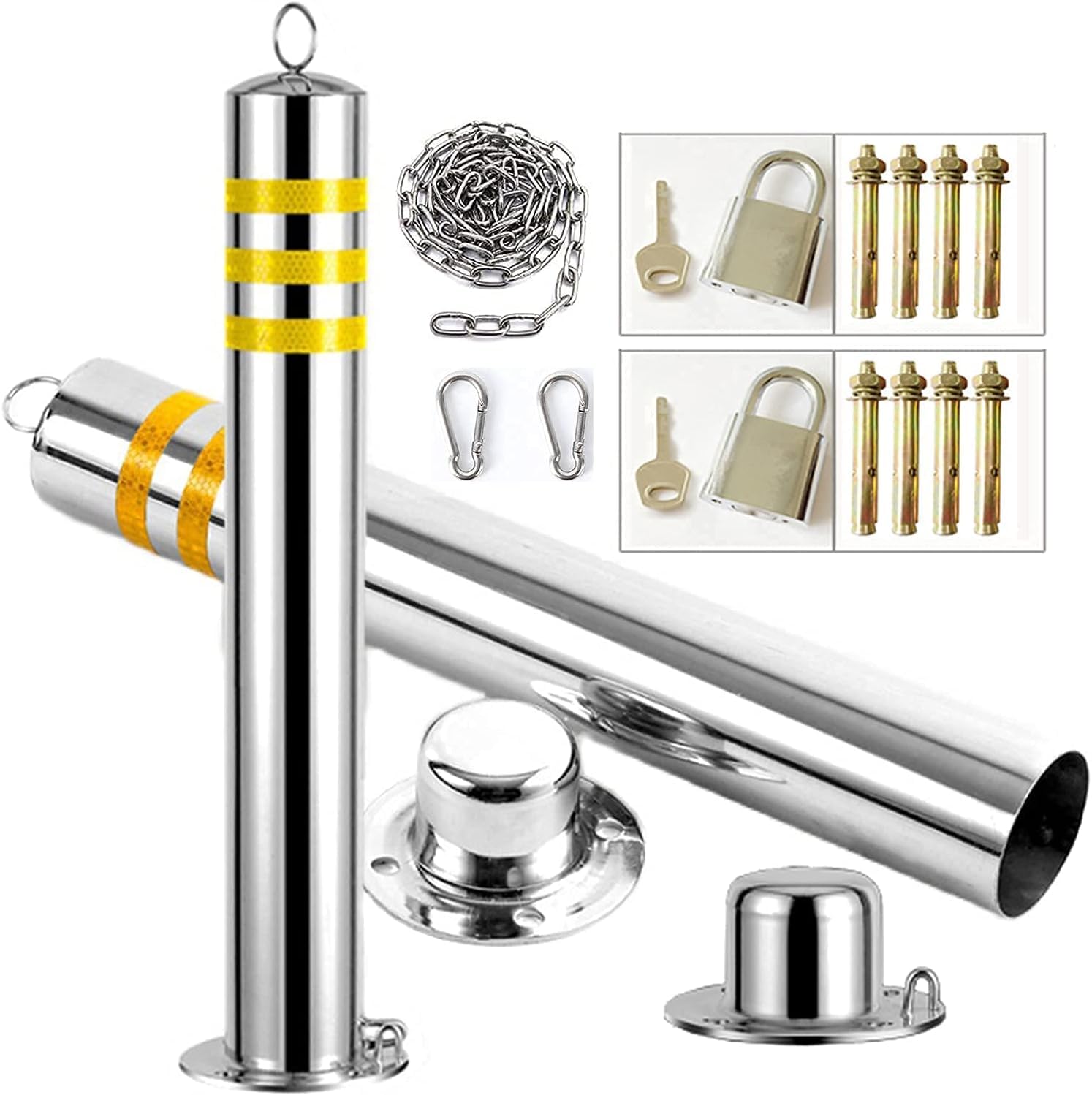 CukUJH Parking Guardrails Parking Barrier 2 Parking Cones and 5m Chain Stainless Steel Parking Bollards Barrier Security Posts for Driveways Removable