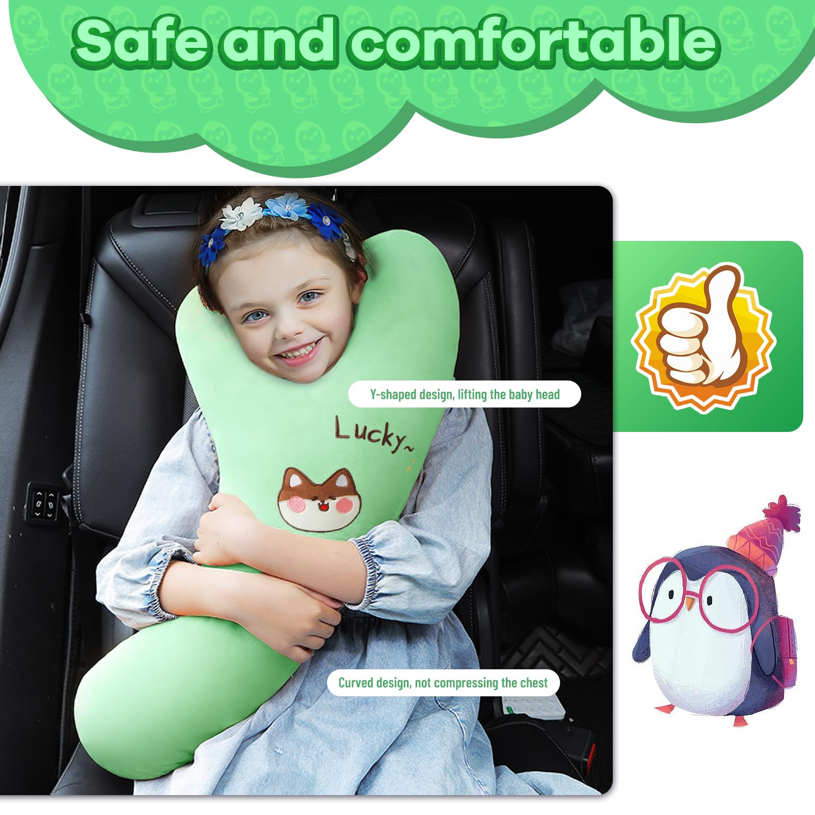 OHAANYY Reisekissen Kinder Auto, Schlafkissen Für Auto Kinder, Reisekissen, Y Form Kinder Auto Kissen, Flugzeug Nackenkissen Für Lange Reisen, Reisekissen Für Erwachsene Und Kinder (Grün)