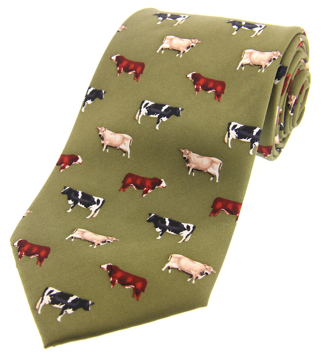 Cravatta Di Seta Soprano Con Lepri - Tema Campestre - Verde Terra - Larghezza 8 Cm, Lunghezza 148 Cm - 100% Seta