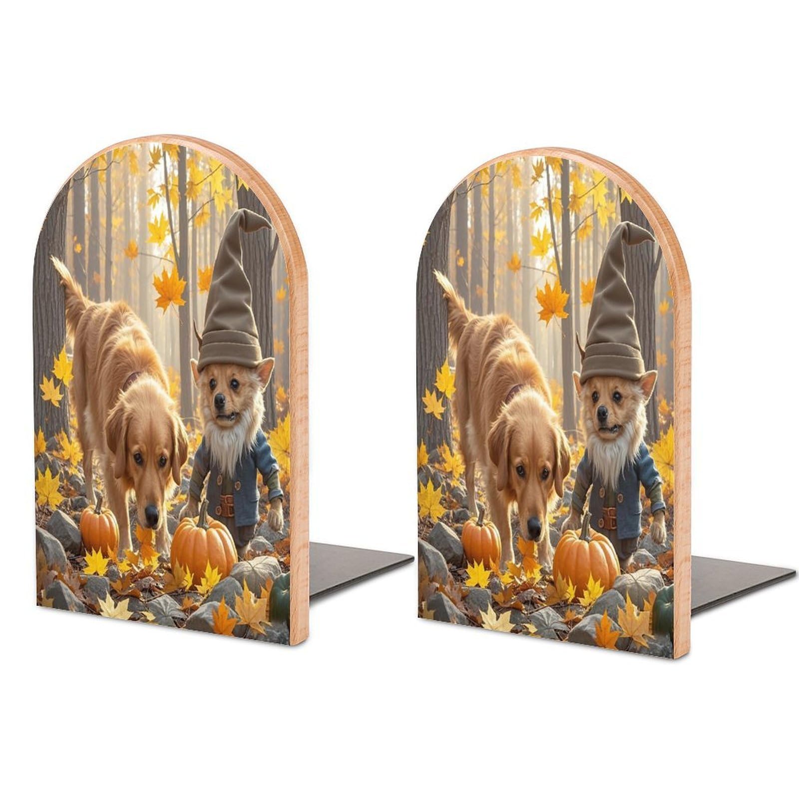 Dog and Maple Leaves Bookend for Shelves Unique Book End Sturdy Books Holder Heavy Duty Wooden Bookends Support Non-Slip Book Organizers Decorative Modern Bookend Holder for Home
