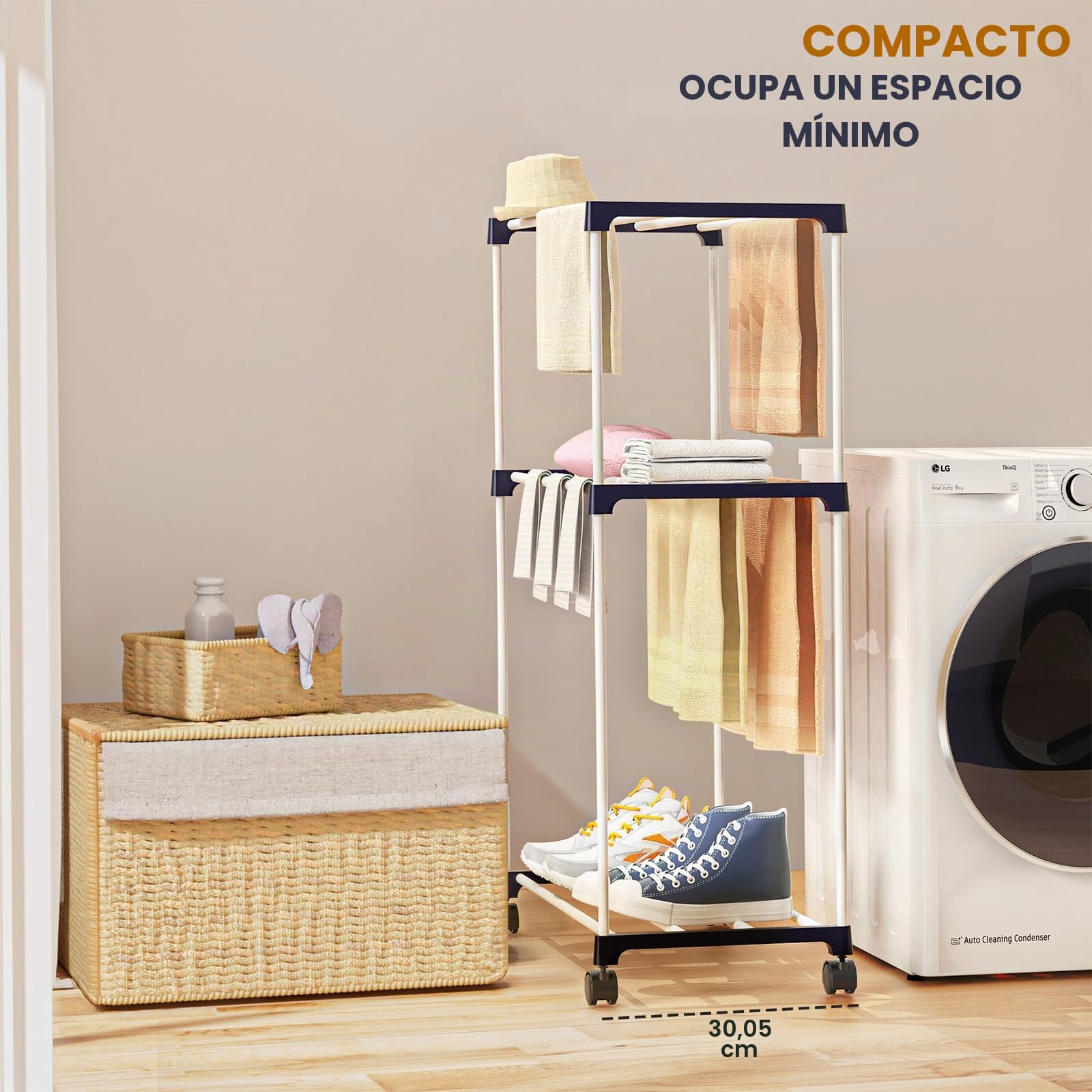 johgee Tendedero pequeño, toallero Independiente, Ahorro de Espacio, Torre con Ruedas, Soporte de Secado de Interior para baños, Apartamentos y lavanderías, 3 Niveles