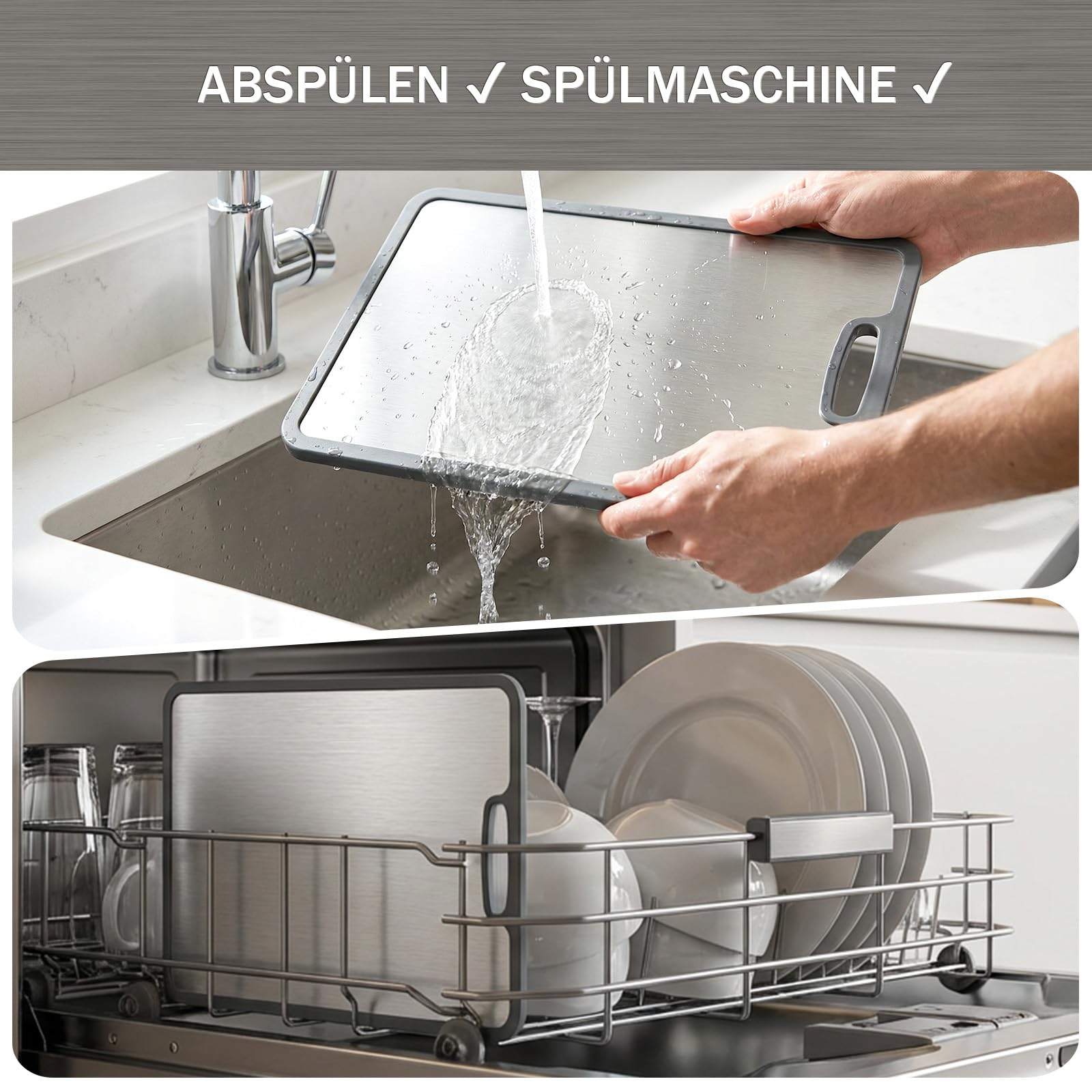 3 Stück Schneidebrett Titan Set, Schneidebrett Edelstahl mit Rutschfesten | Silikonecken Doppelseitiges & BPA Frei, Stainless Steel Cutting Board für Gemüse Fleisch Obst Brot Fisch Käse