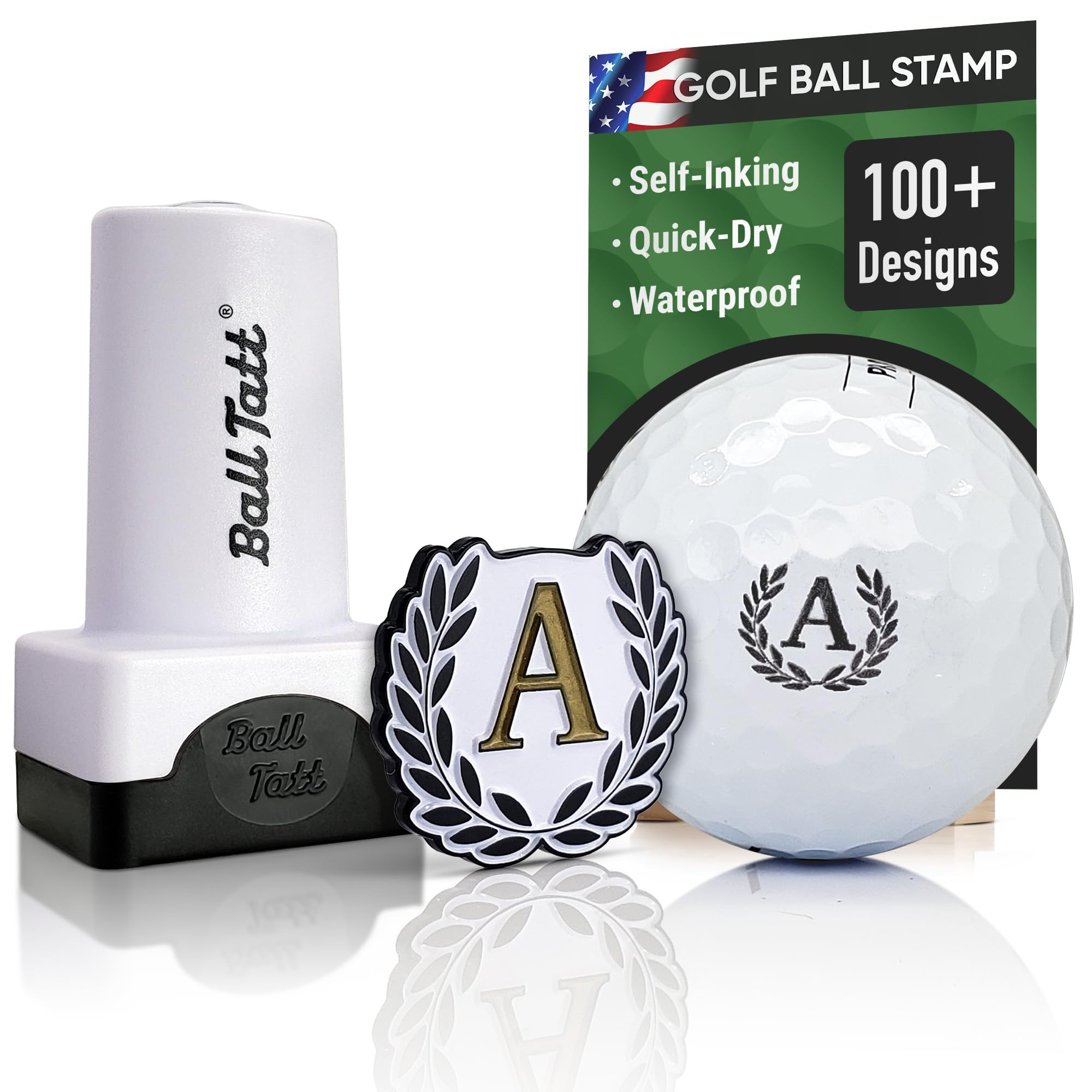 Ball Tatt - Golf Ball Stamp - Self-Inking Marker - Quick-Dry Permanent Marking Tool, No Leaks or Refills, Reusable with A Monogram Wreath Golf Ball Marker for Golfers, Dads, Retirement