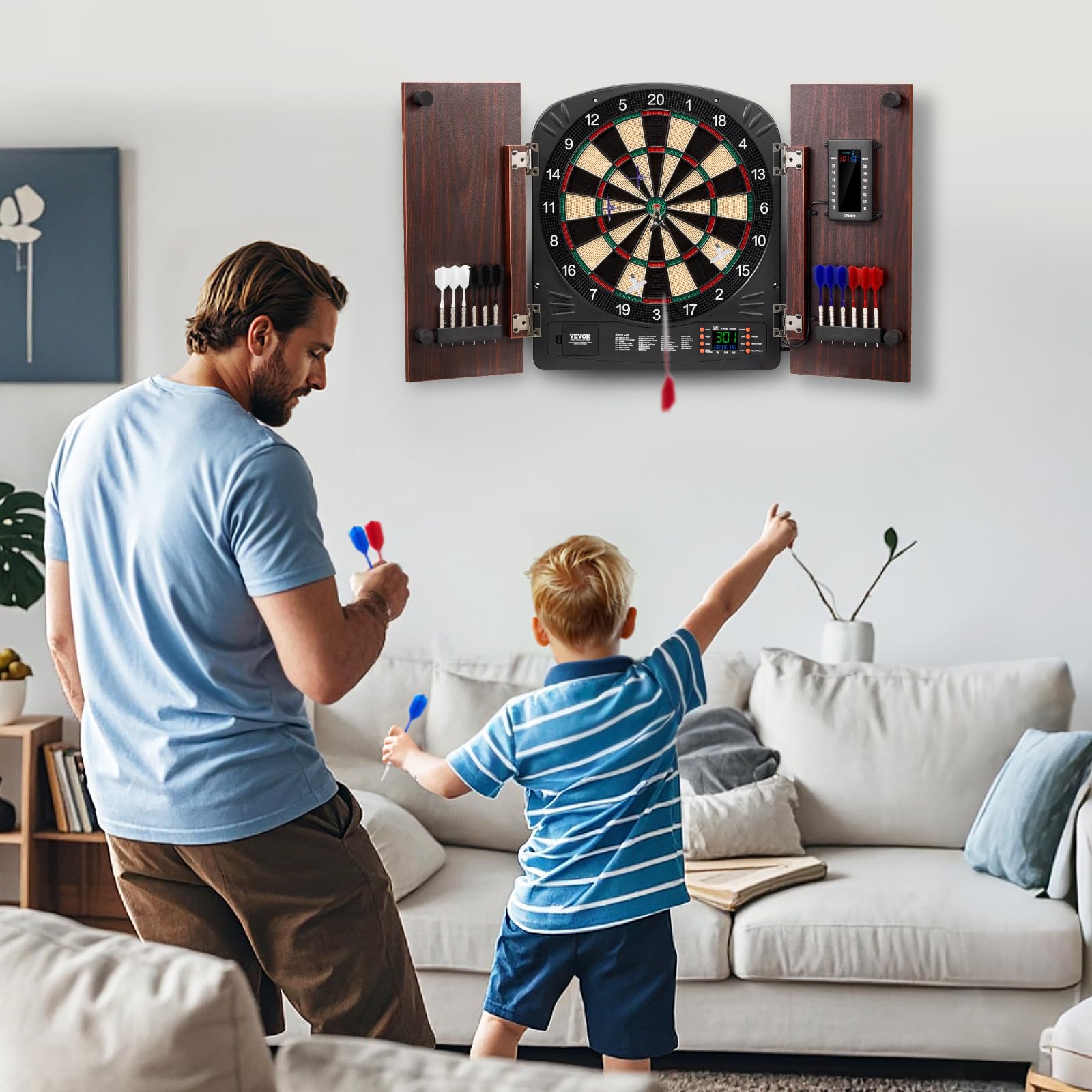 VEVOR Set di Bersaglio e Mobiletto per Freccette, Bersaglio Freccette Elettronico con Punteggio Elettronico, Facile da Montare, Completo di Tutti Accessori