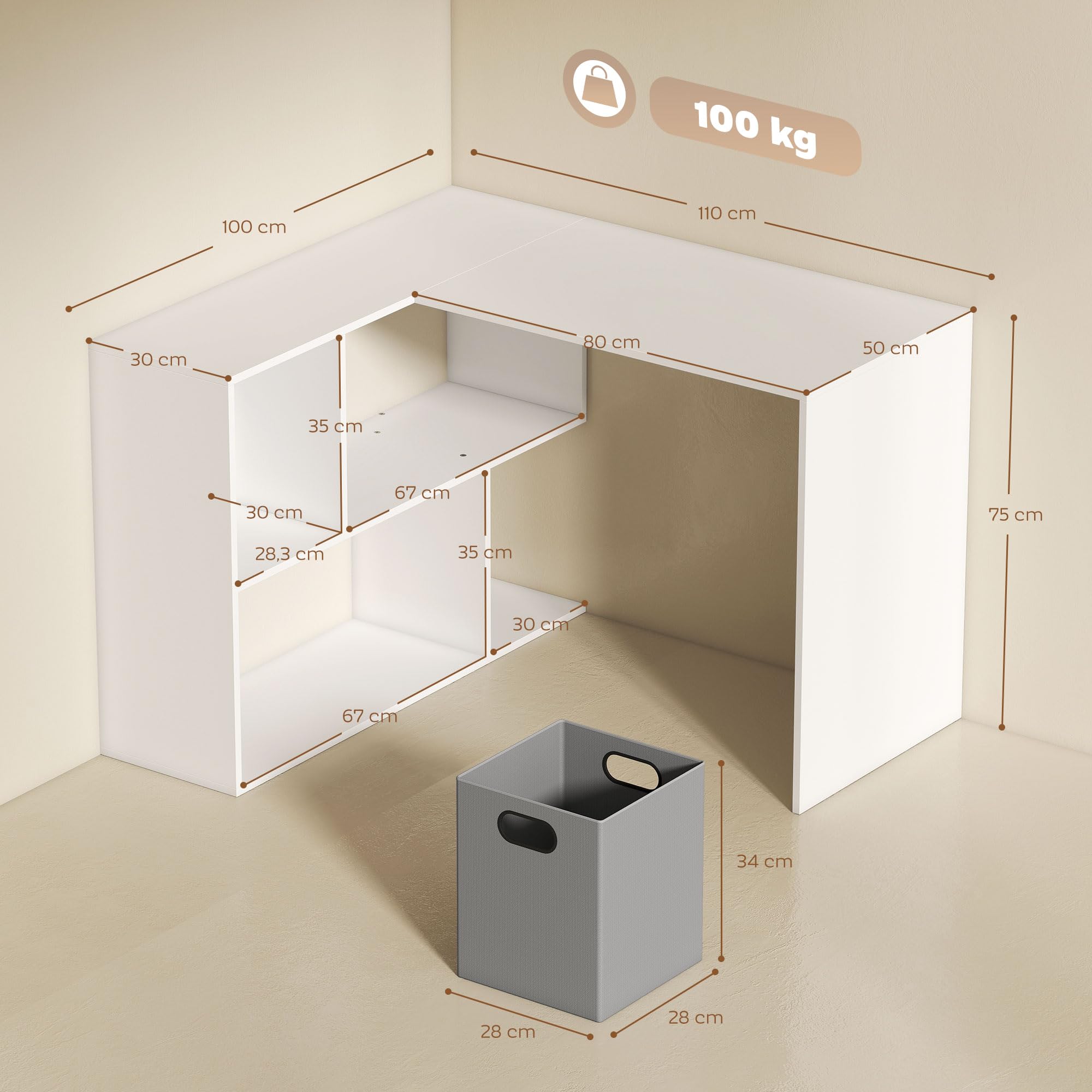 HOMCOM Bureau d'angle Forme L avec Tiroir en Tissu 110 x 100 x 75 cm Blanc