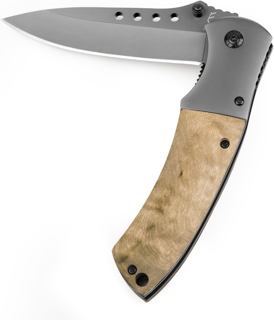 Naturous Folding Pocket Knife, Titanium Gray Outdoor Tactical Knife, Natural Wooden Handle with Nylon Sheath Survival Knife, Liner Lock Hunting Knife