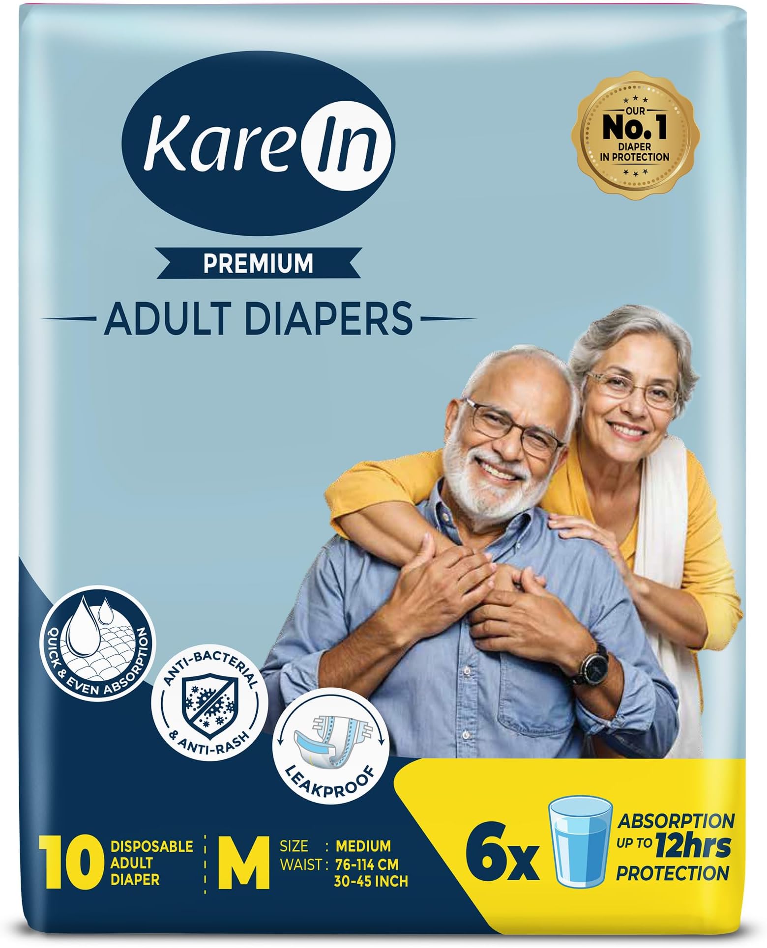 KareIn Premium Adult Diapers, Medium, Waist Size 76-114 Cm (30"-45"), 10 Count, Tape Style, Unisex, High Absorbency, Leak Proof, Wetness Indicator