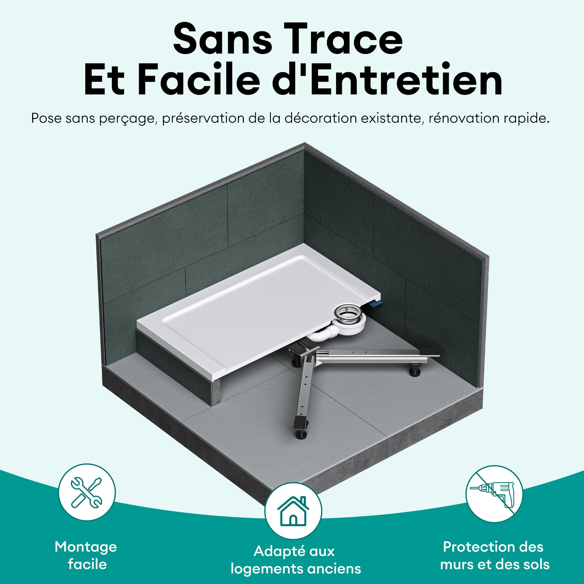 Mai & Mai Support de Receveur de Douche Pied de Bac de Douche Support plat sans Perçage Duschwannenfüße01 780x100x140mm