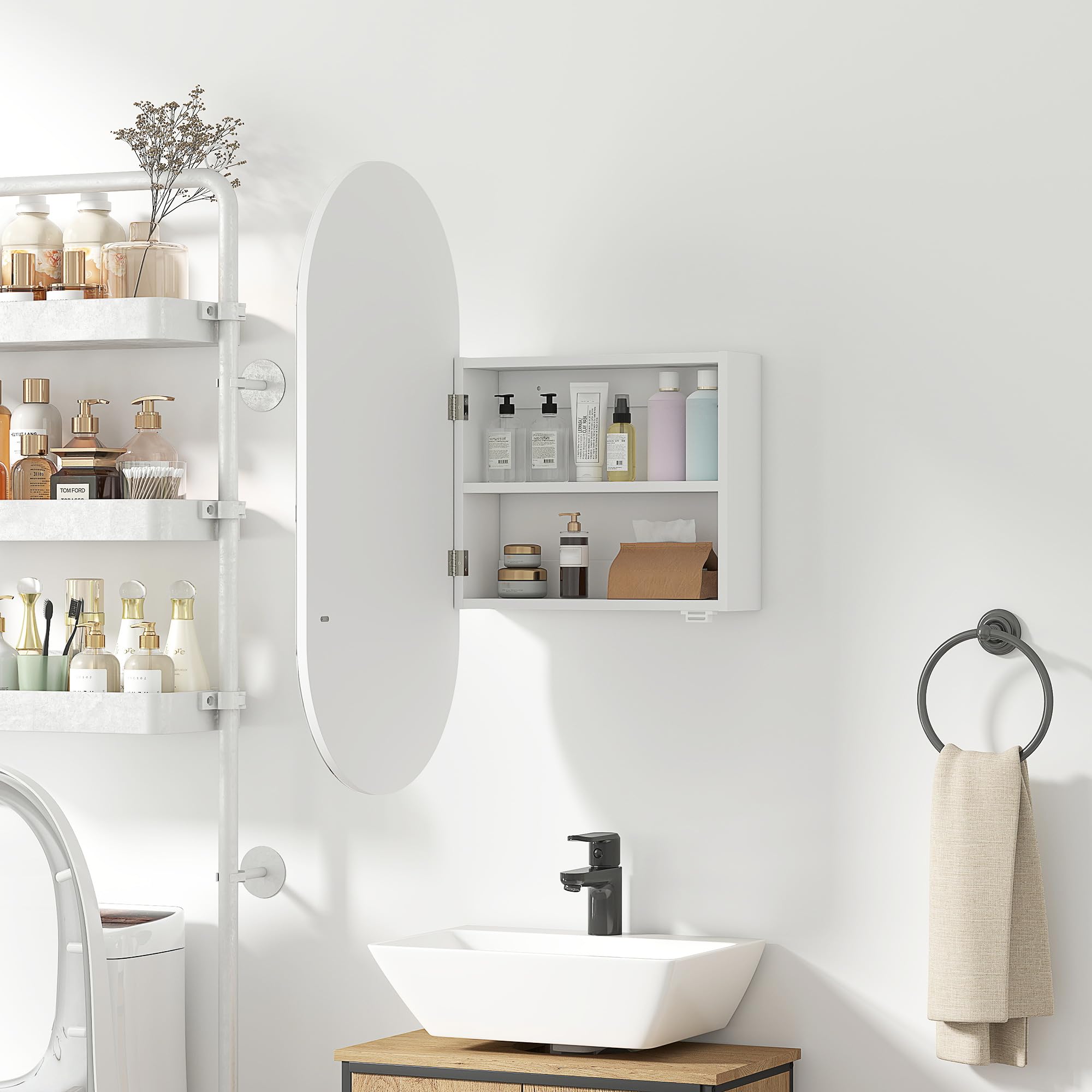 HOMCOM Specchiera Bagno Ovale con Armadietto, Specchio Contenitore Bagno Moderna a Parete con Due Ripiani Salvaspazio, 45x90 cm, Bianco