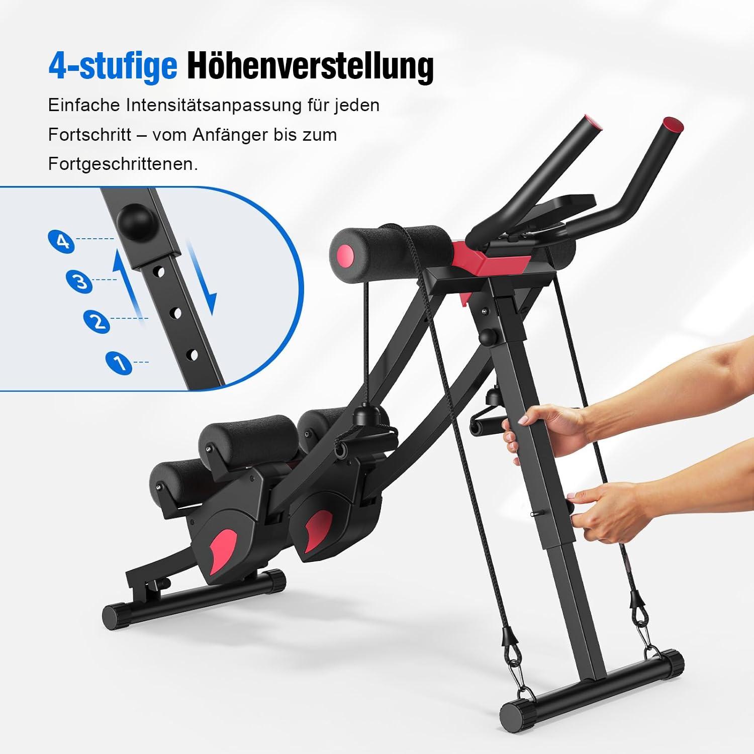 Bauchtrainer für Zuhause, Verstellbarer Bauchmuskeltrainer mit Doppel-Schienensystem, 200 kg belastbar, klappbar, Ganzkörper-Trainingsgerät fürs Home Gym, Widerstandsbänder & LCD-Monitor