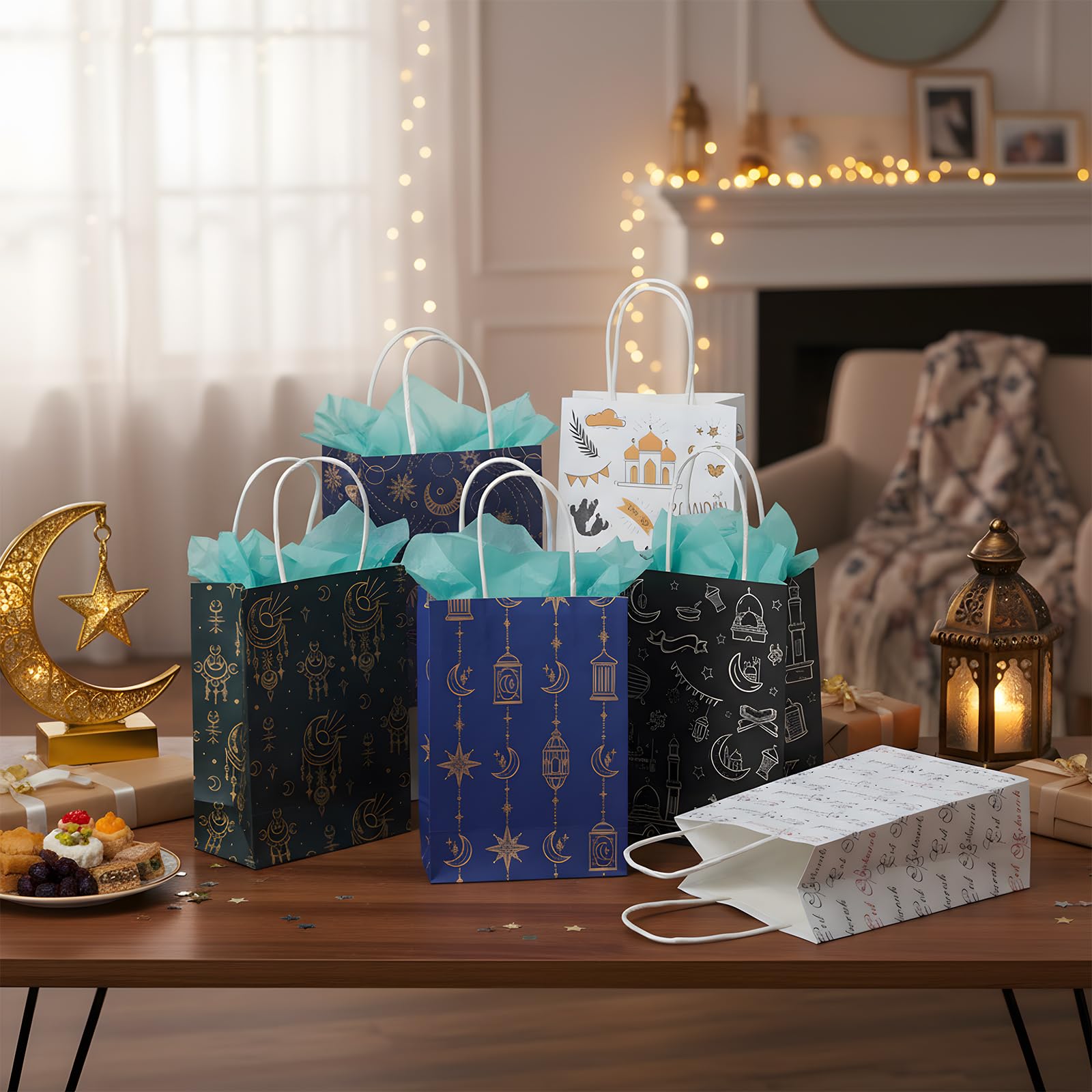 Epakh 24 Pcs Eid Mubarak Paper Gift Bags with Handle Ramadan Goodies Bags Moon Stars Lantern Ramadan Kareem for Islamic Muslim Party Favor Al Fitr Party