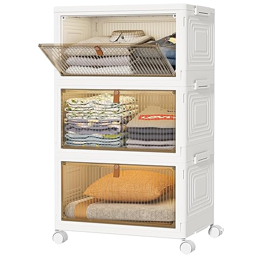 HOMIDEC Closet Organizers, 3 Tiers with a Top Lid, Wardrobe Closet with Wheels, Closet Organizers and Storage for Clothes, Stackable Closet Storage Bins, for Living Room, Bedroom, White 22L*3 Pack - White - Medium