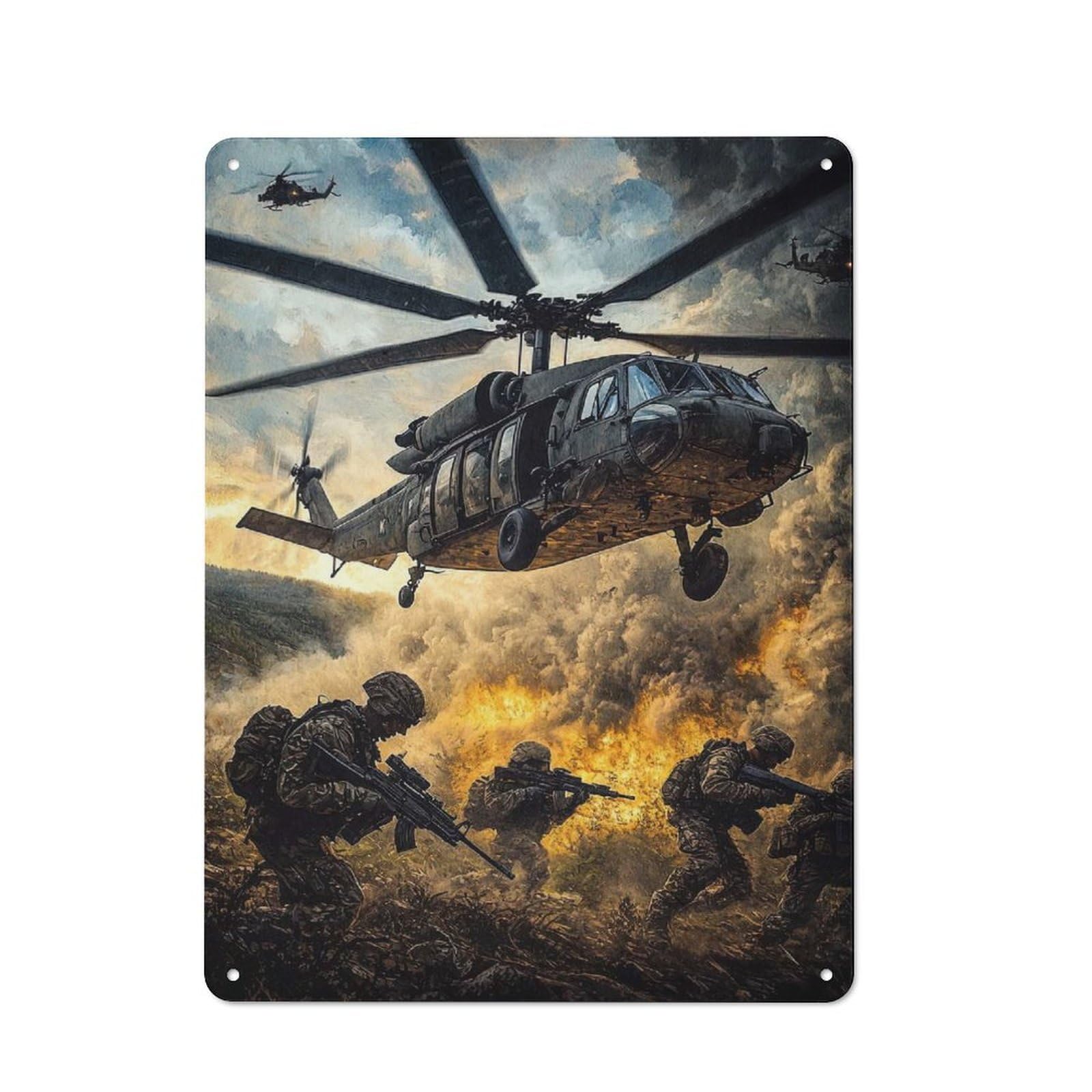 Junmoney Military Helicopter Action Vintage Tin Wall Plaque 40X30cm For Studio Or Craft Room, For Garage, Workshop And Man Cave Decoration