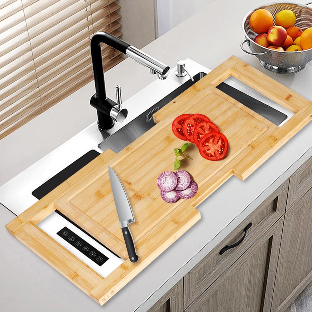 Tabla de cortar sobre el fregadero: tablas de cortar expandibles, tabla de bambú extra grande, cubierta para fregadero de cocina, espacio para encimera para preparar comidas, bandeja de servir queso y