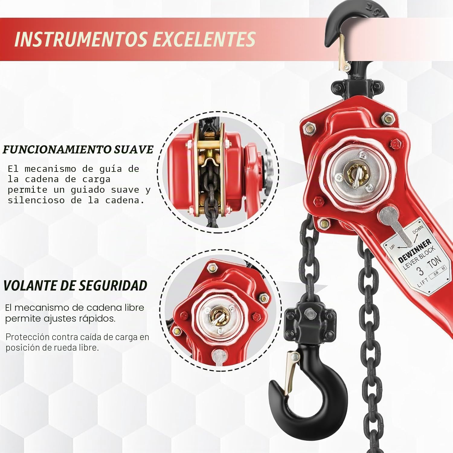 Polipasto manual de palanca de 3 toneladas, altura de elevación 2,8 m, cadena G80 de acero al carbono, gancho orientable a 360°