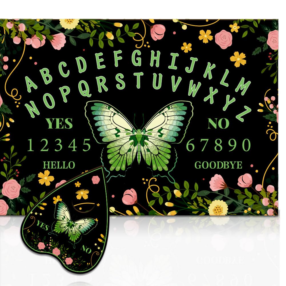 WEBEEDY Green Butterfly Wood Spirit Board with Planchette, Flowers Grass Yes or No Divination Board Wood Talking Boards Game Pendulum Boards Decision Maker Pendulum Gift for Halloween Party Christmas