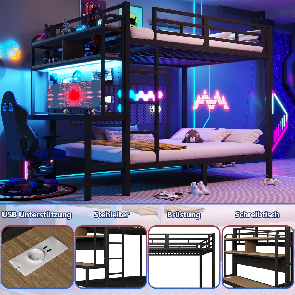 Lubvtti Litera de hierro para niños, 140 x 200 cm, con tira de luz LED, puerto USB, escritorio, compartimento de almacenamiento, cama infantil, estructura de cama de matrimonio (negro)