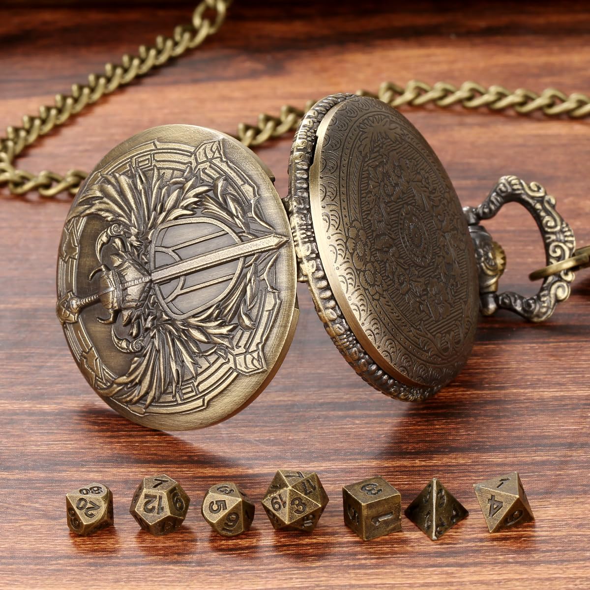 Mini DND Dice Set including Steampunk Paladin Pocket Watch Shell Case, DND Starter Set, 7pcs Polyhedral Mini Metal Dice Set - Image 4