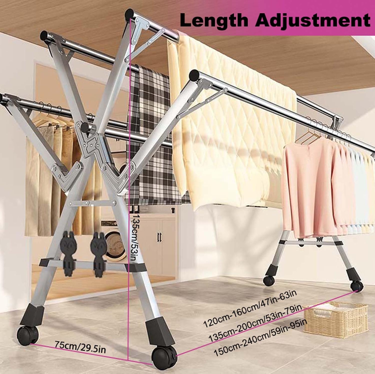Collapsible Stainless Steel Clothes Drying Rack on Wheels, Adjustable Free-Standing Laundry Stand, Space-Saving Indoor/Outdoor Garment Rack for Efficient Drying
